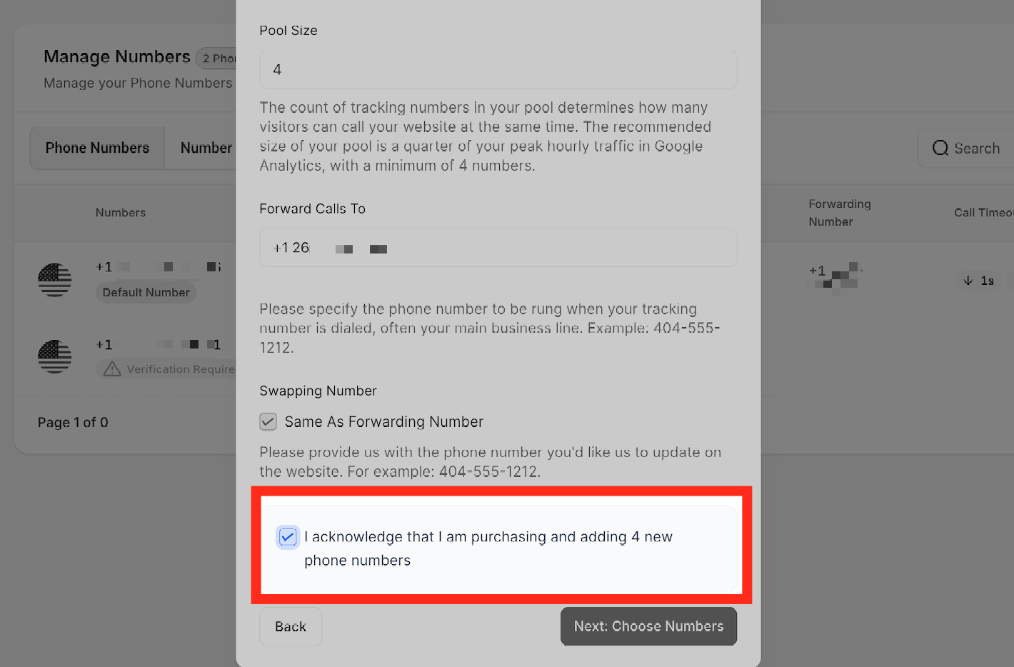 Acknowledge New Numbers Checkbox acknowledging the purchase of new phone numbers for the pool
