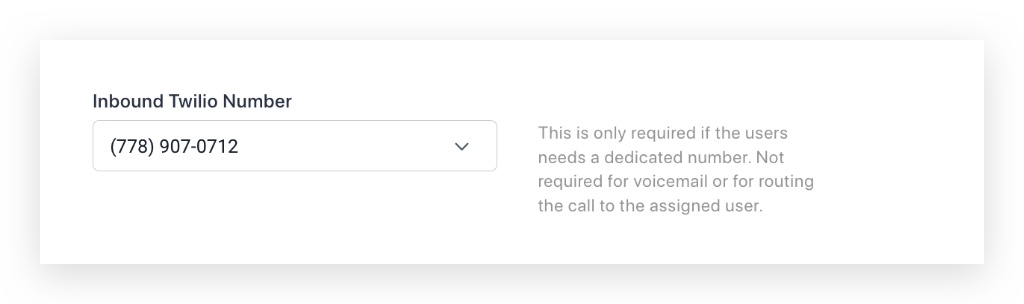 Screenshot showing a specific phone number assigned to a user within GoHighLevel's Call & Voicemail Settings.
