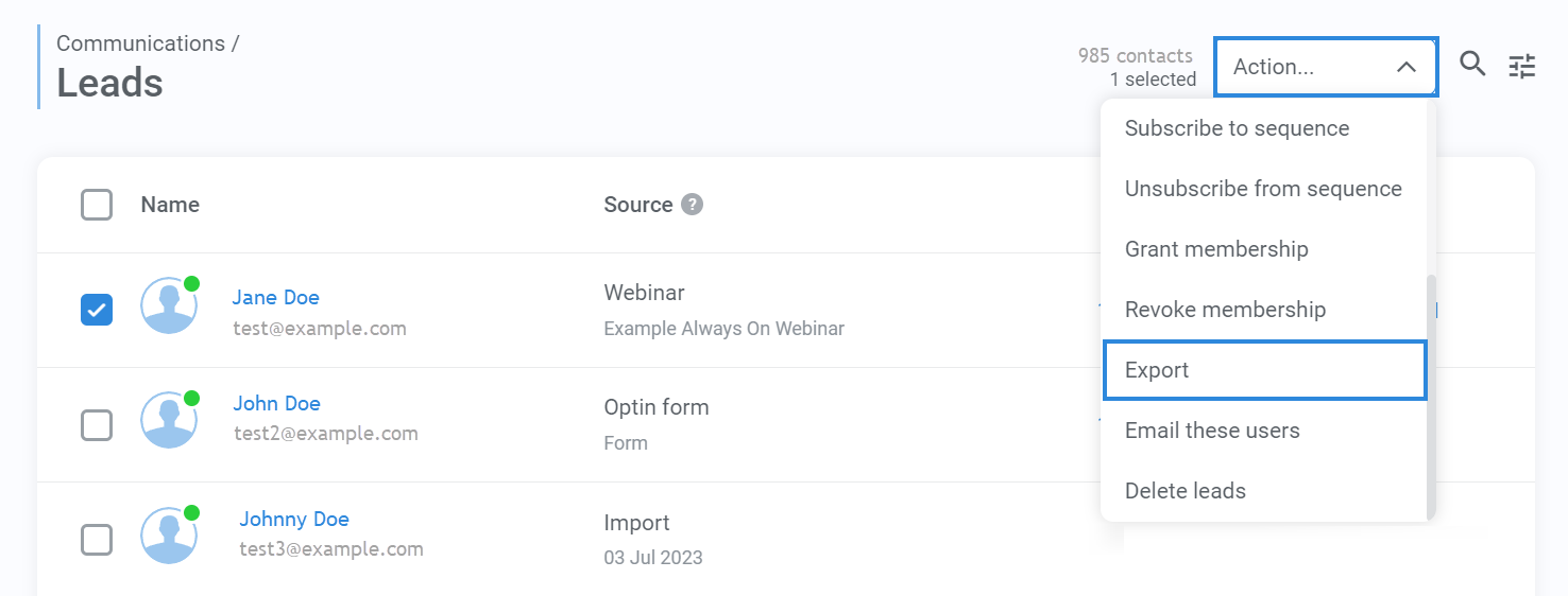 Kartra Leads Export Option Screenshot showing the 'Communications' section in Kartra, with 'Leads' selected and an 'Export' dropdown menu highlighted for exporting contact data.