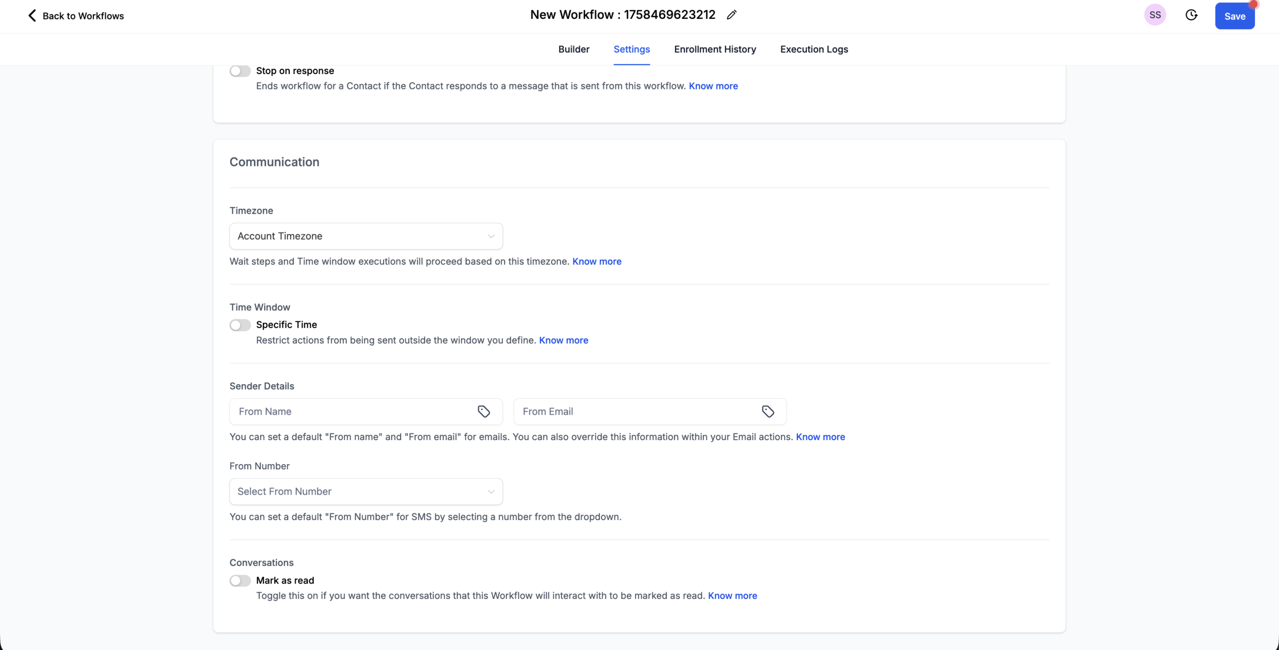 GoHighLevel Workflow Settings Configure Sender Address Option