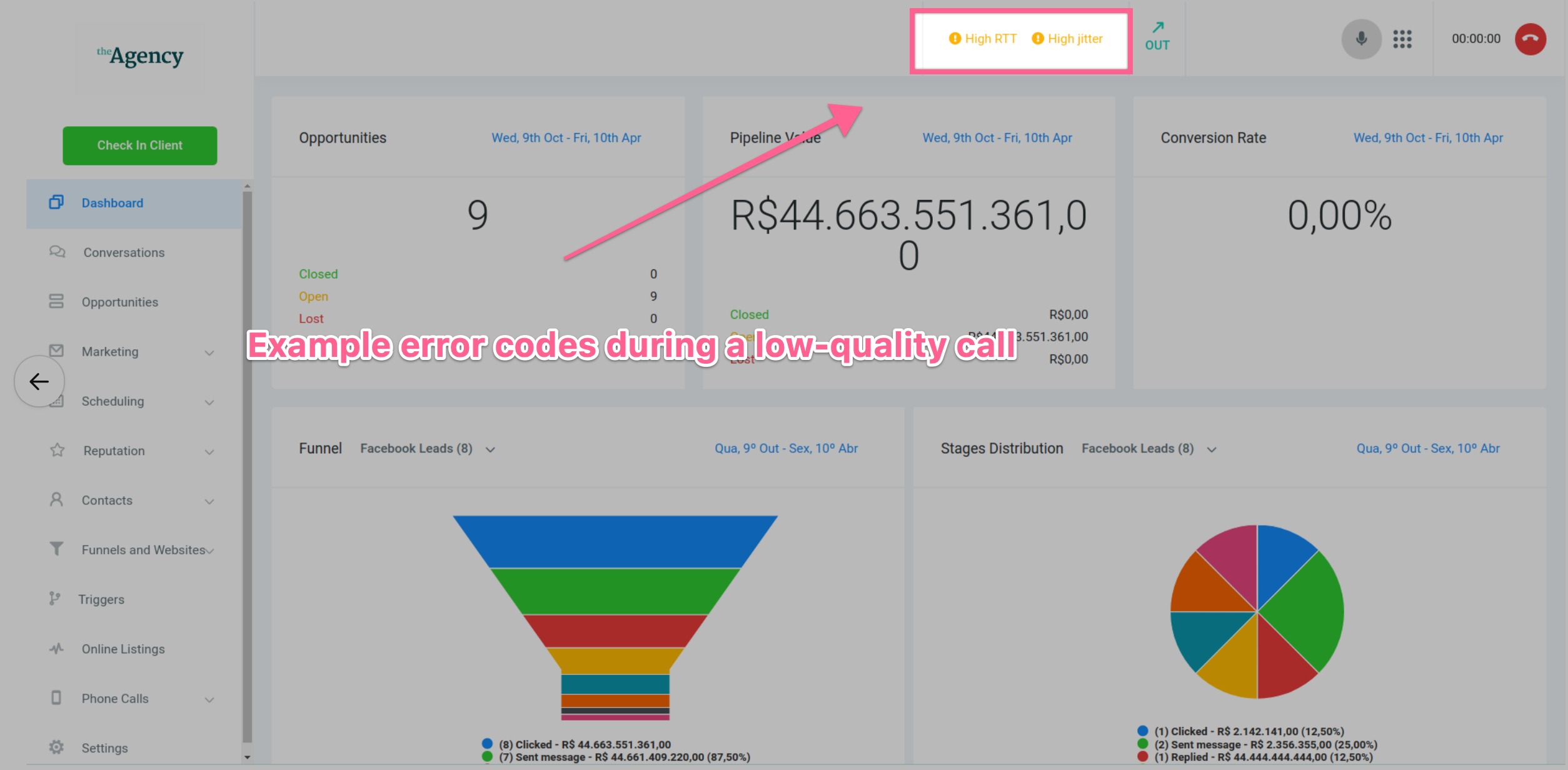 GoHighLevel Call Quality Warnings Screenshot of GoHighLevel dashboard showing call quality status with warnings for high packet loss, high round-trip time (RTT), and high jitter, indicating network issues during a call.