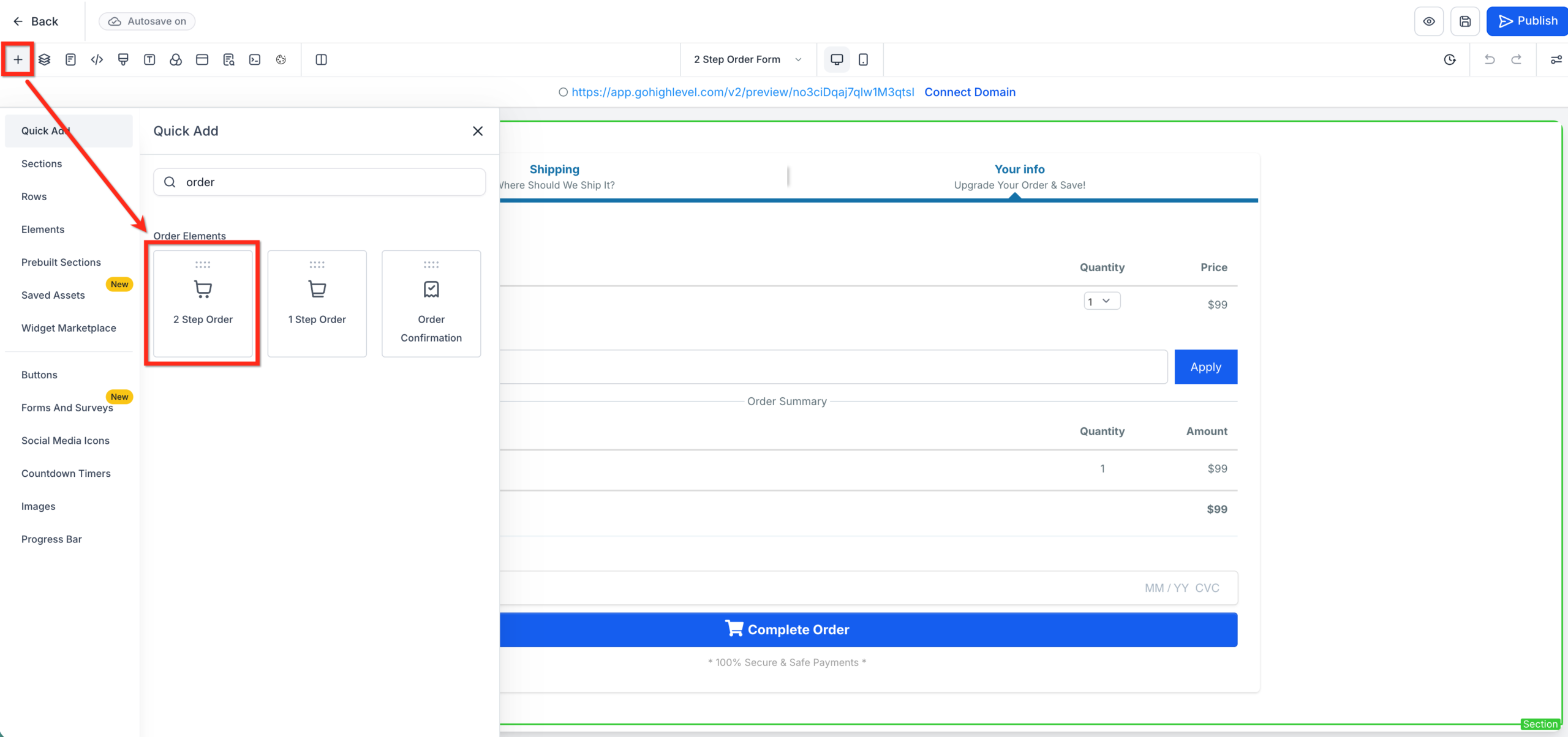 Screenshot showing the GoHighLevel page editor, highlighting the 'Add Elements' menu and the 'Two-Step Order' element under 'Order elements'.
