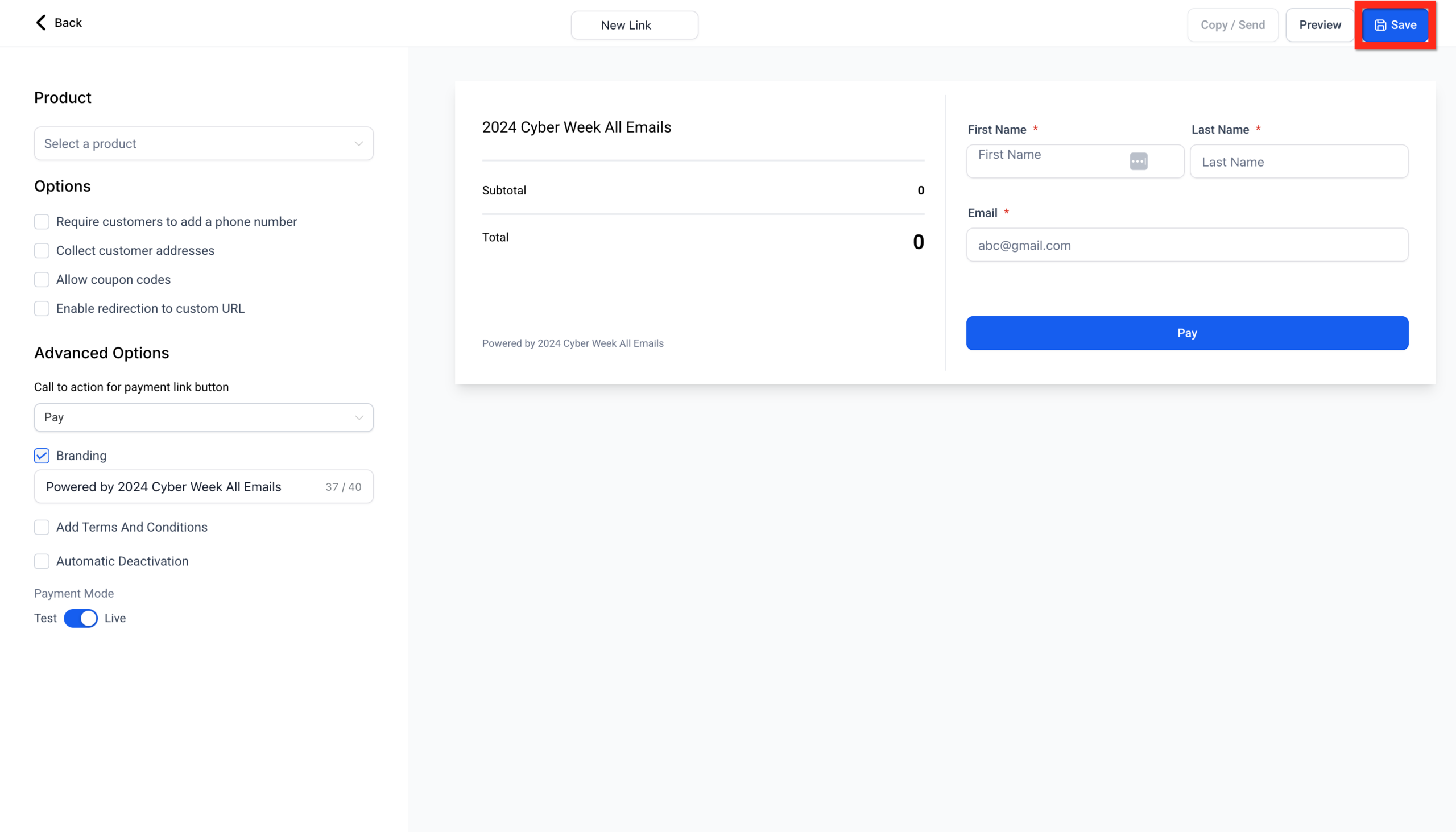 Screenshot showing the 'Save' button and various configuration options for a GoHighLevel payment link, including language settings and product details.
