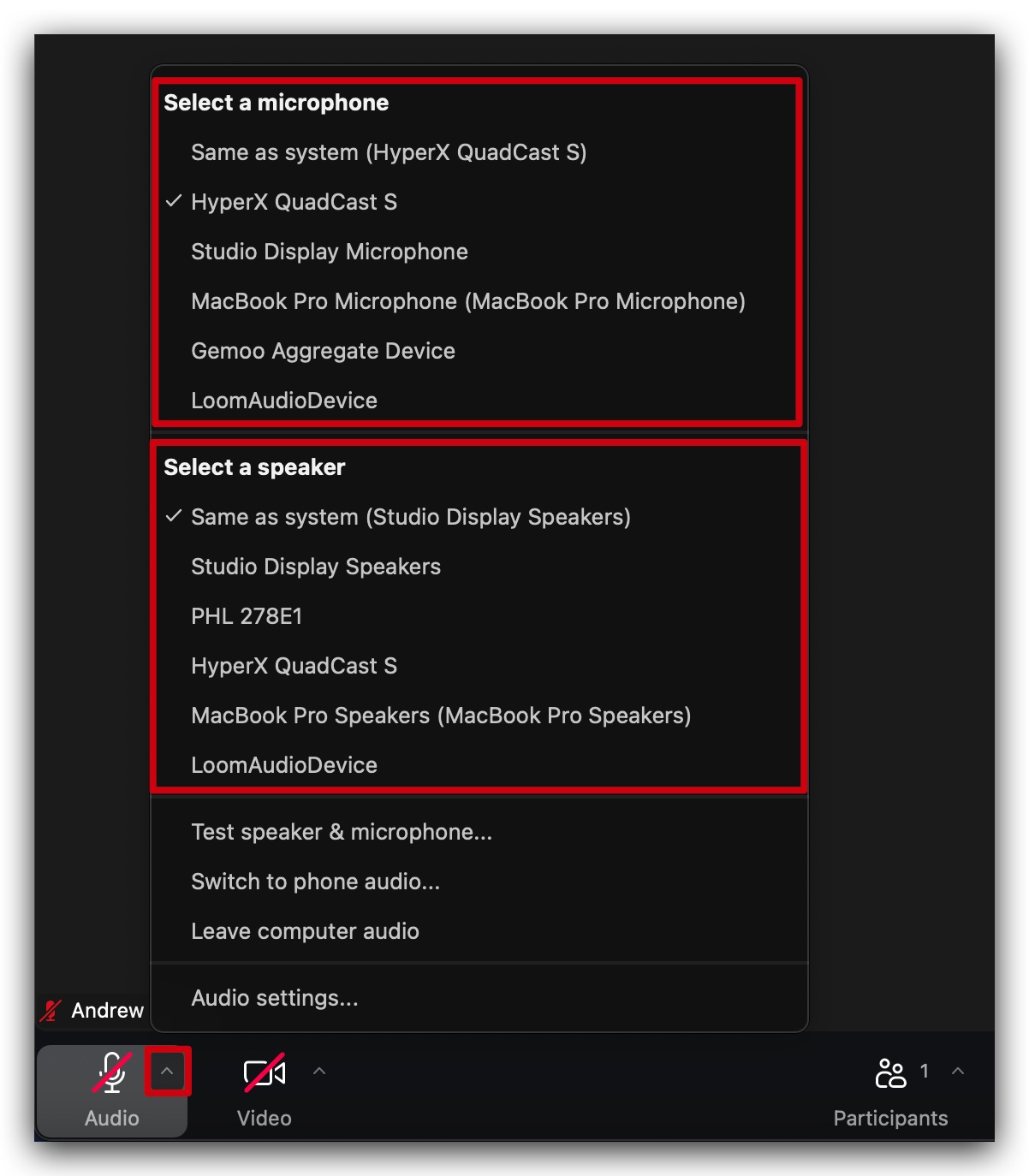 Zoom audio settings panel showing microphone and speaker test options, volume sliders, and device selections.