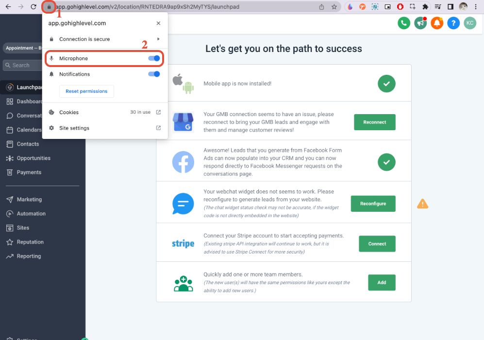 Screenshot showing the microphone icon in the Chrome URL bar to check permissions for the GoHighLevel domain.