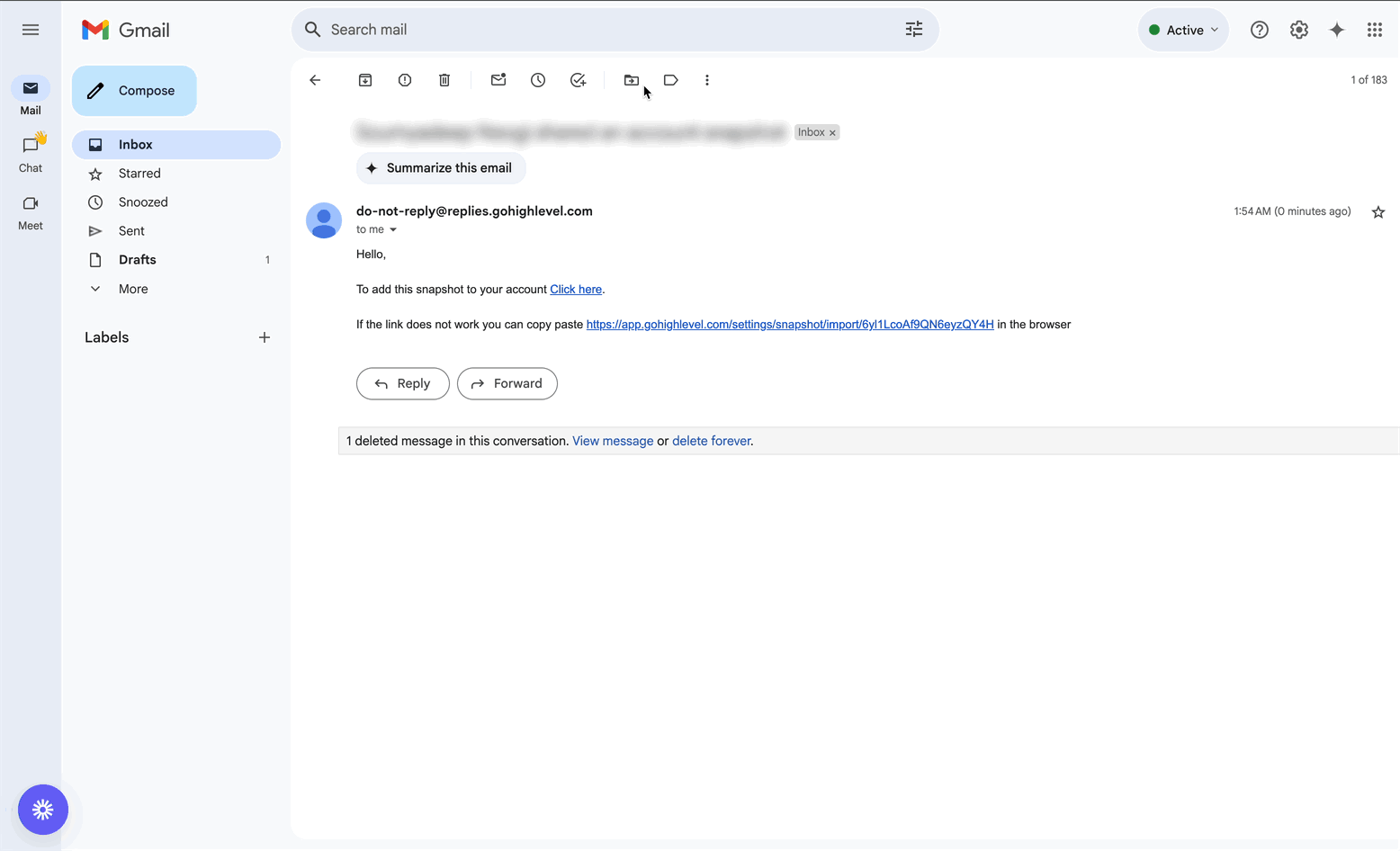Animated GIF showing how to import a GoHighLevel snapshot from an email by clicking the provided link and confirming the import.