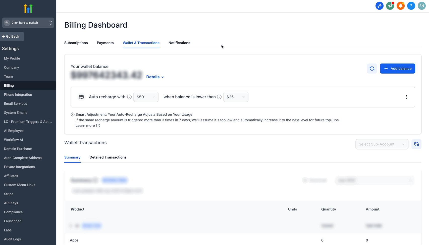 Animated GIF demonstrating how to select auto-recharge amount and threshold balance in GoHighLevel wallet settings