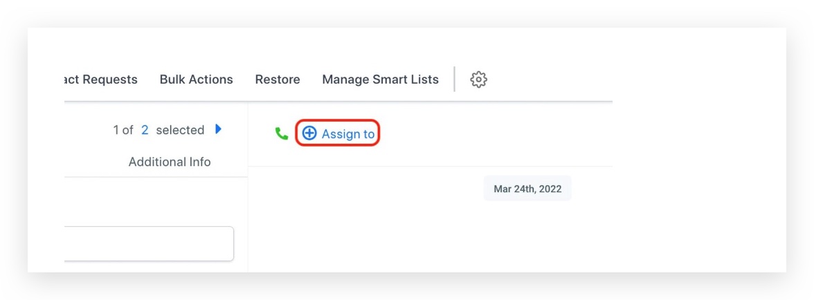 Screenshot showing the 'Assigned To' field at the top of a contact's profile in GoHighLevel, indicating the contact owner.