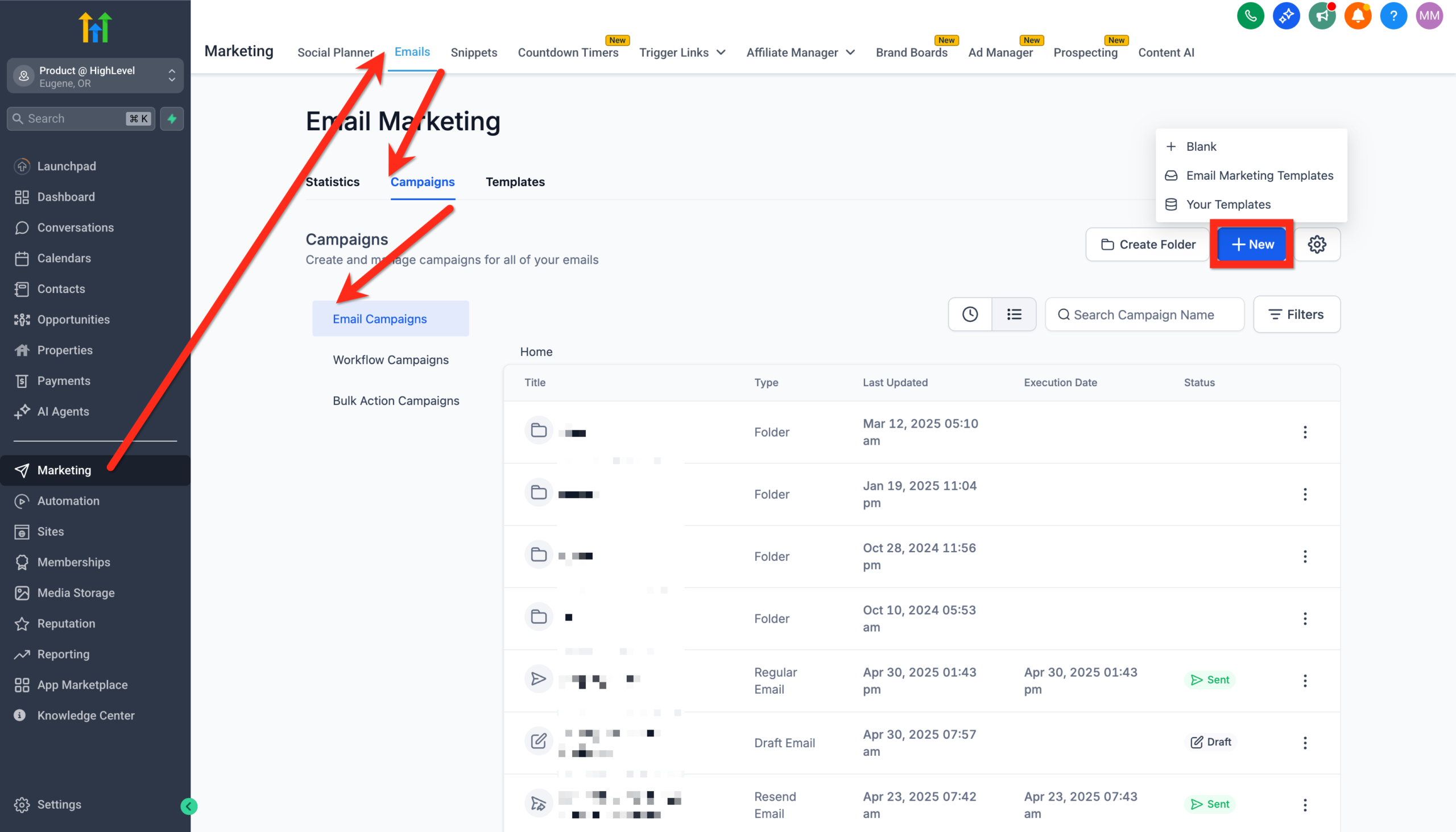 Screenshot showing the 'New' button in <a href=