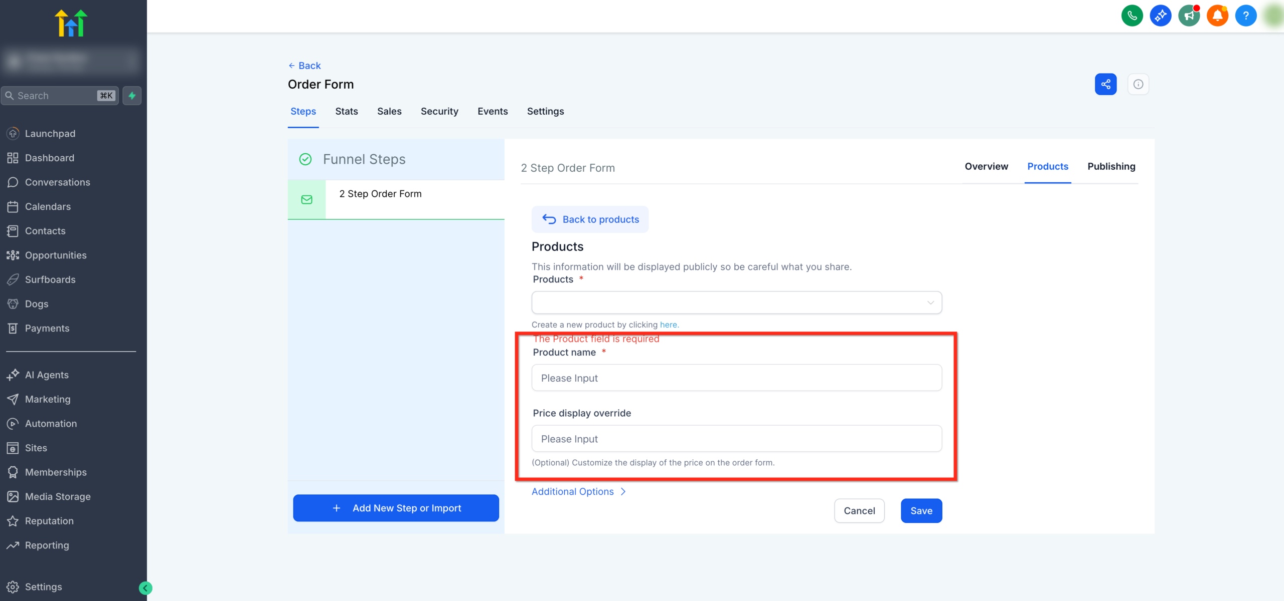 Screenshot illustrating price selection and override options for a product within GoHighLevel, including Product Name Override and Price Display Override.