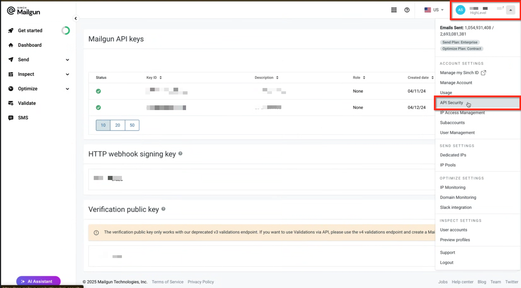 Mailgun Private API Key Location Screenshot of the Mailgun API Security page, highlighting the Private API key to be copied.