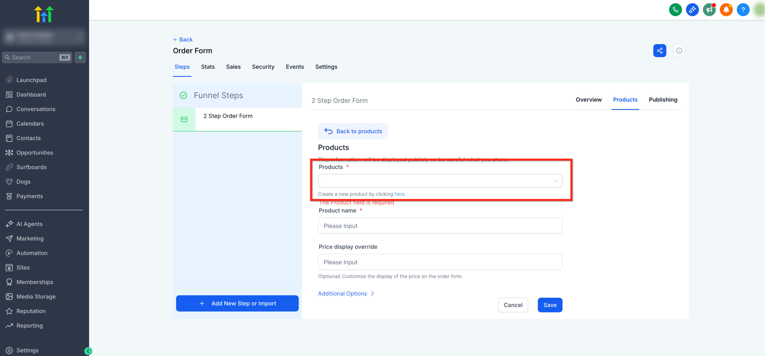 Screenshot displaying the product selection dropdown within the GoHighLevel funnel editor, with an option to create a new product.