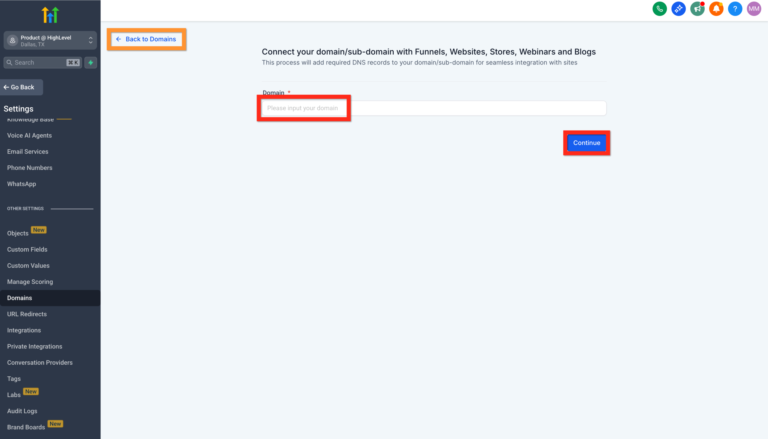 Domain Selection Dropdown