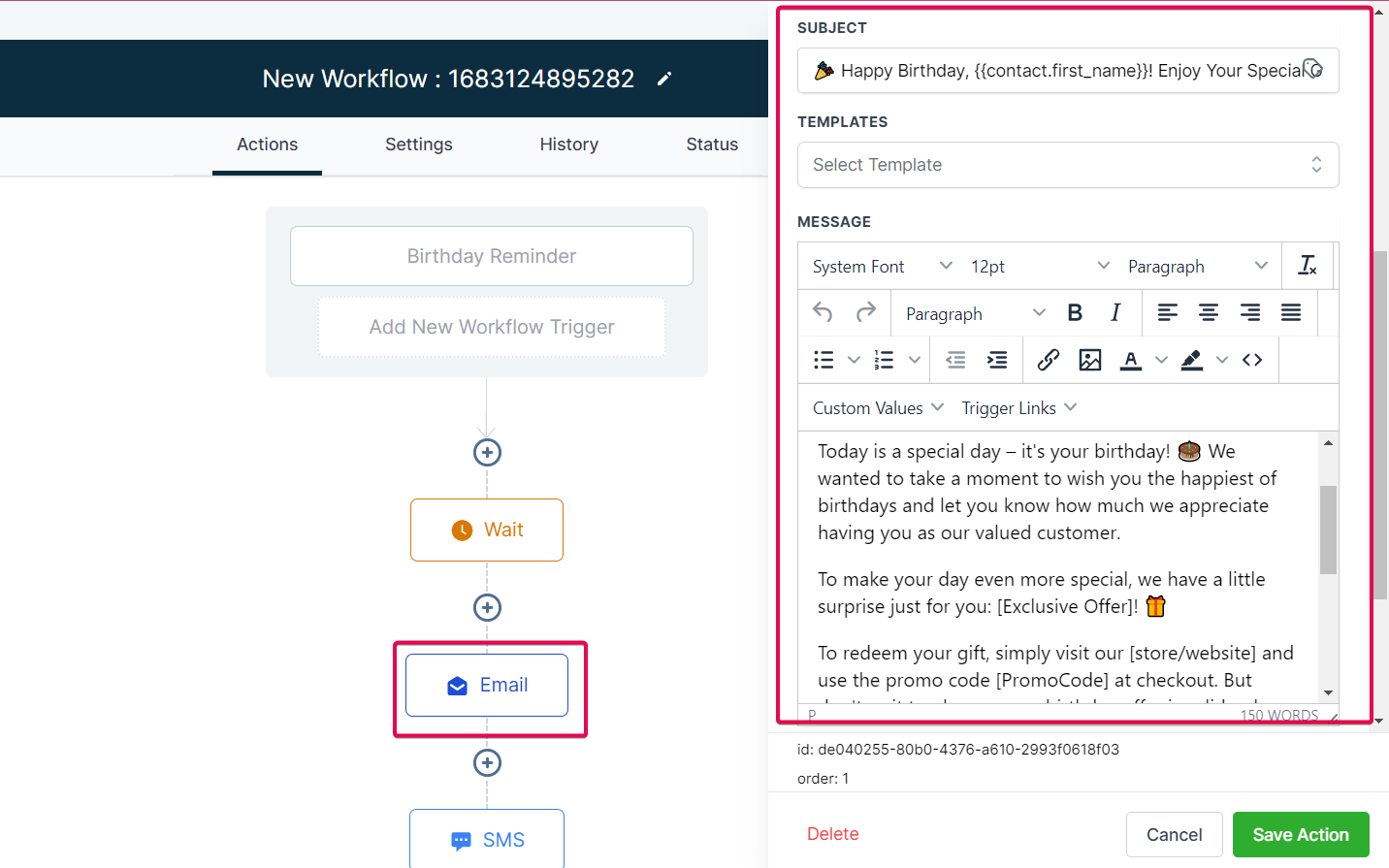 Screenshot demonstrating how to customize an email action within a GoHighLevel workflow, showing merge tags and content editing.