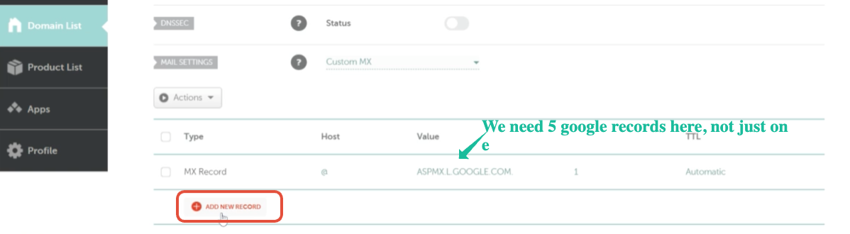 Namecheap Add MX Record Button Screenshot of Namecheap 'Add New Record' button for an MX record