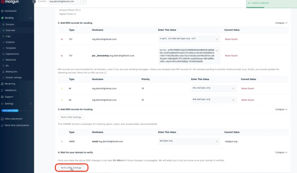 Mailgun domain verification page showing the 'Verify DNS Settings' button and status of records.