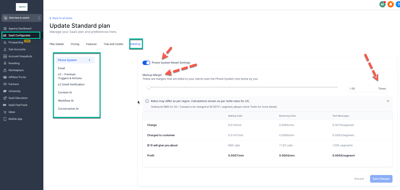 Screenshot of HighLevel In-App Rebilling Multiplier settings for SaaS Mode, allowing agencies to set custom markups for client services