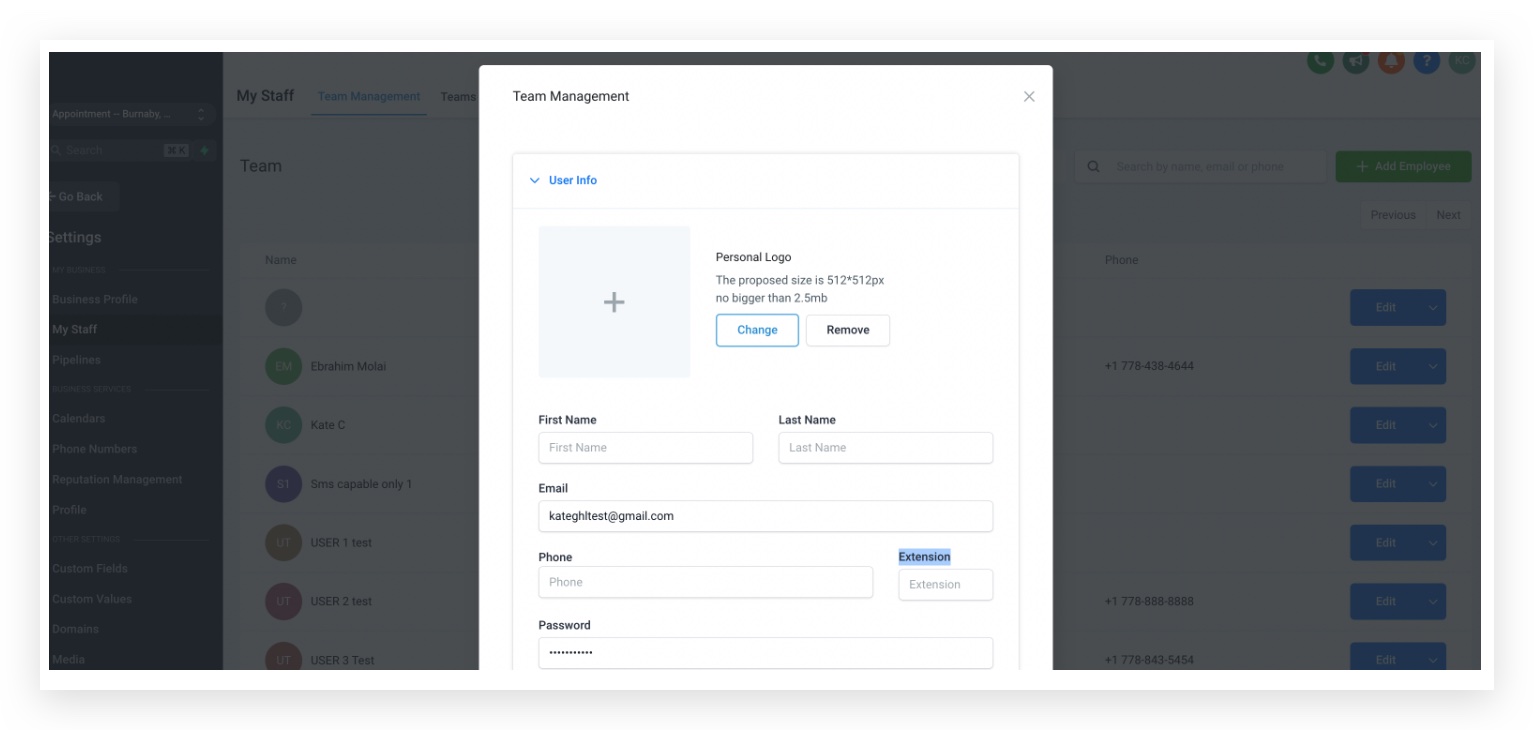 Screenshot showing the extension field next to a user's phone number in GoHighLevel settings, enabling call forwarding with extensions.