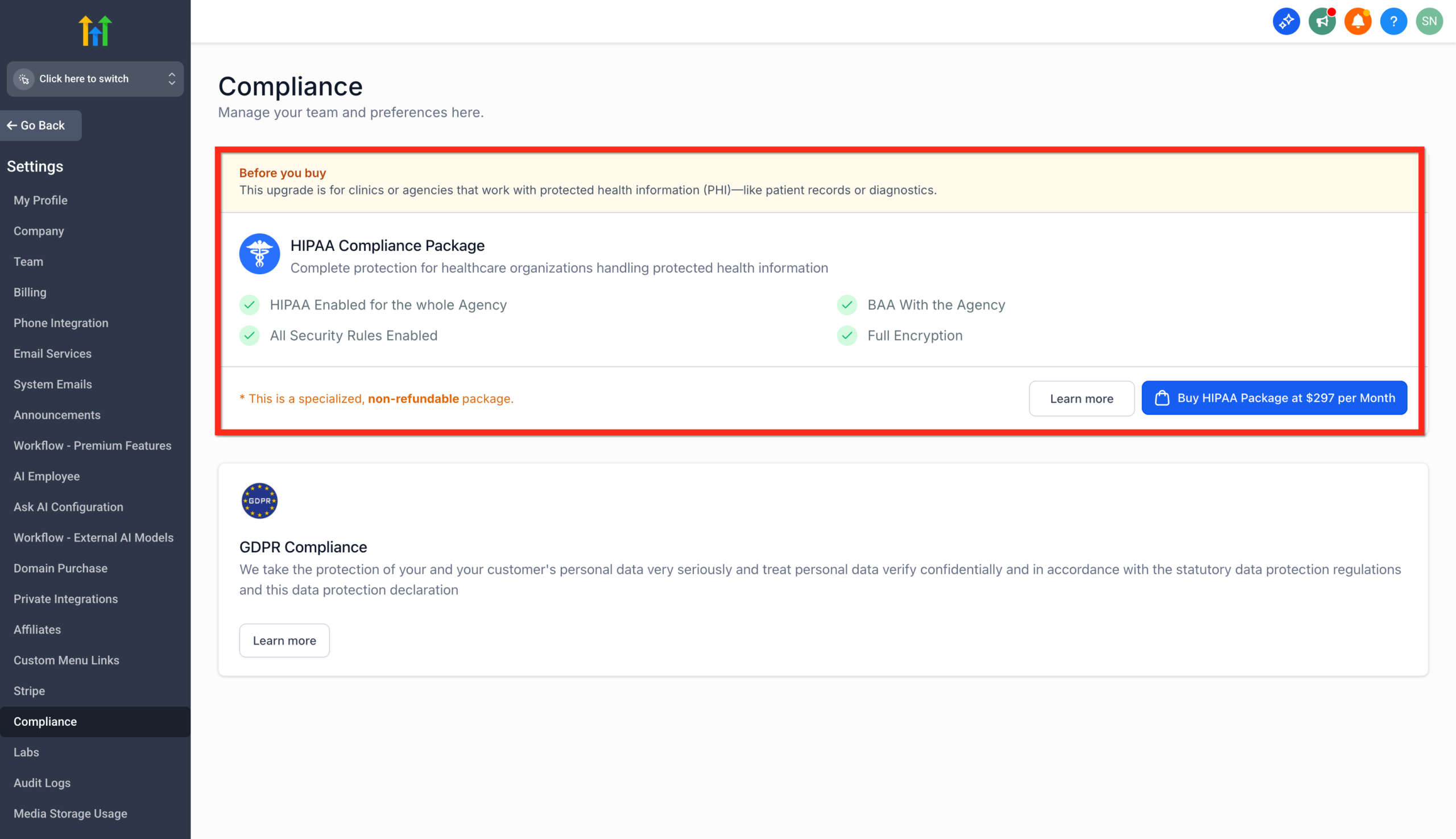 Screenshot of the 'Before You Buy' section on the HighLevel HIPAA Compliance page, detailing package features and terms.