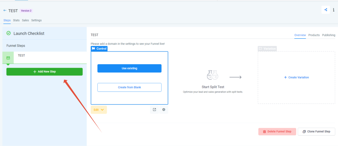 Add New Funnel Step Screenshot of an individual funnel in GoHighLevel, highlighting the 'Add New Step' button