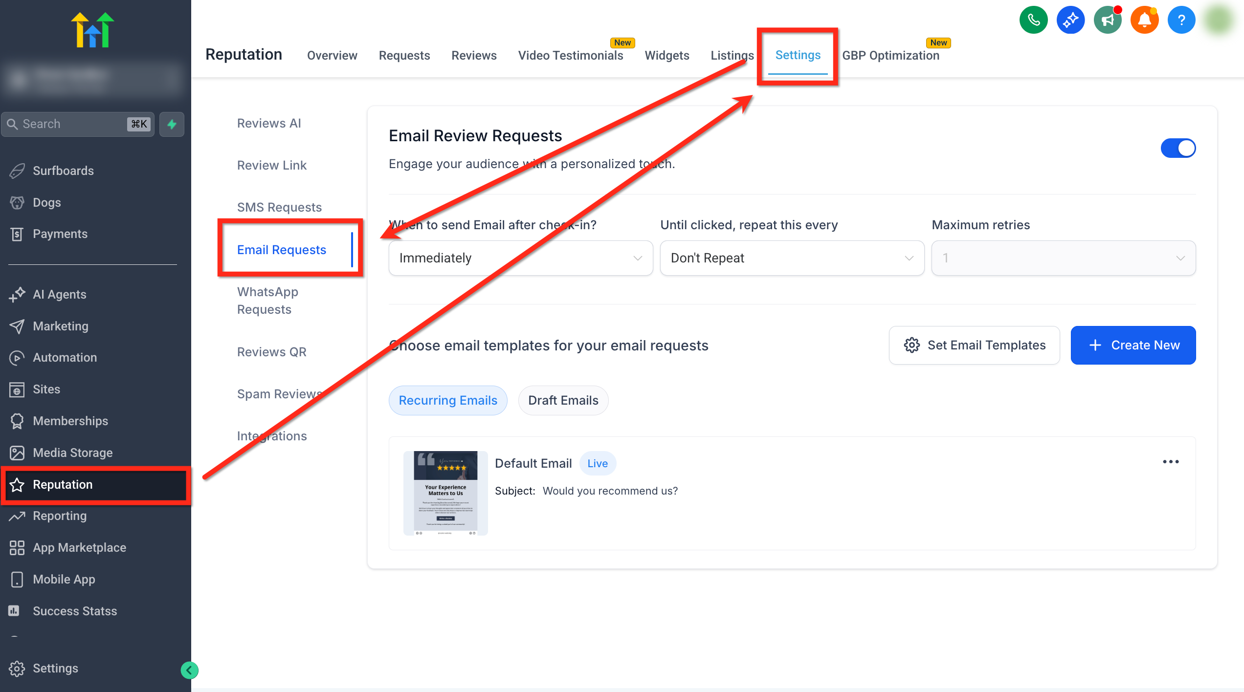 Email Requests Enable & Cadence Screenshot of GoHighLevel Email Requests settings, showing the 'Enable Email Review Requests' toggle and email cadence controls.