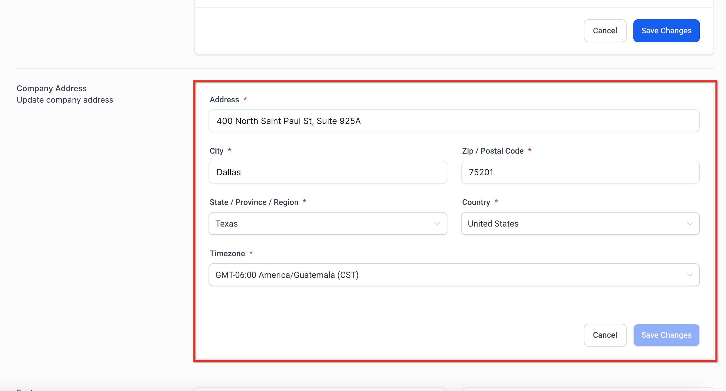 GoHighLevel Company Address Time Zone Screenshot of the Company Address & Time Zone settings in GoHighLevel, displaying fields for address, city, state, zip, country, and time zone selection.