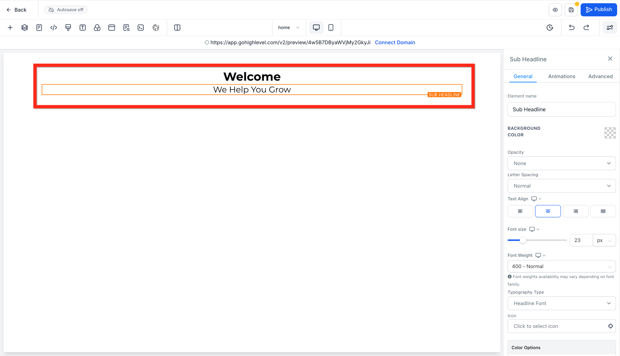 GoHighLevel website builder displaying a headline and sub-headline element placed within a section, ready for text editing.