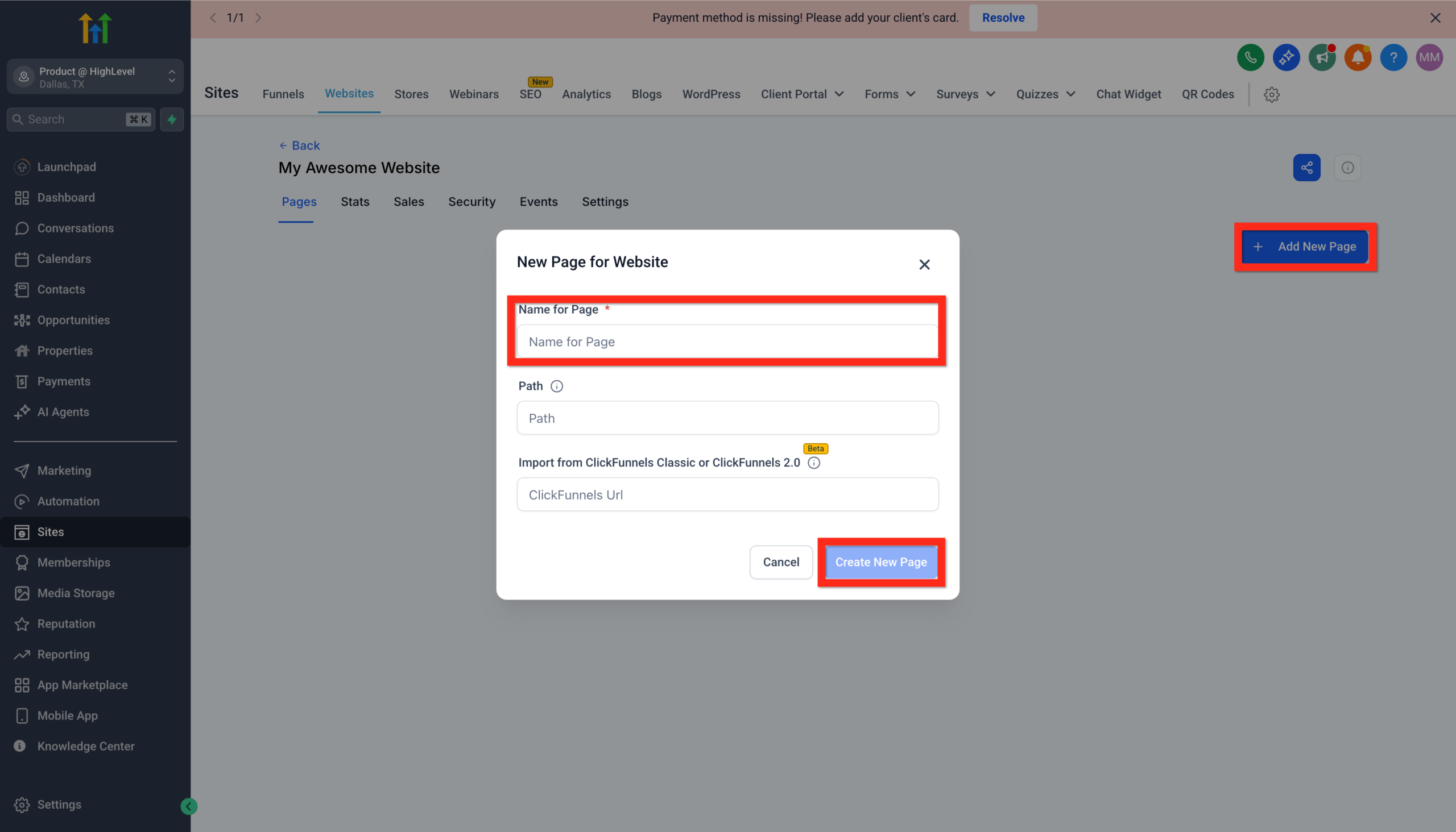 GoHighLevel website builder showing the 'Add New Page' button, a field to name the page 'Home', and the 'Create New Page' button.