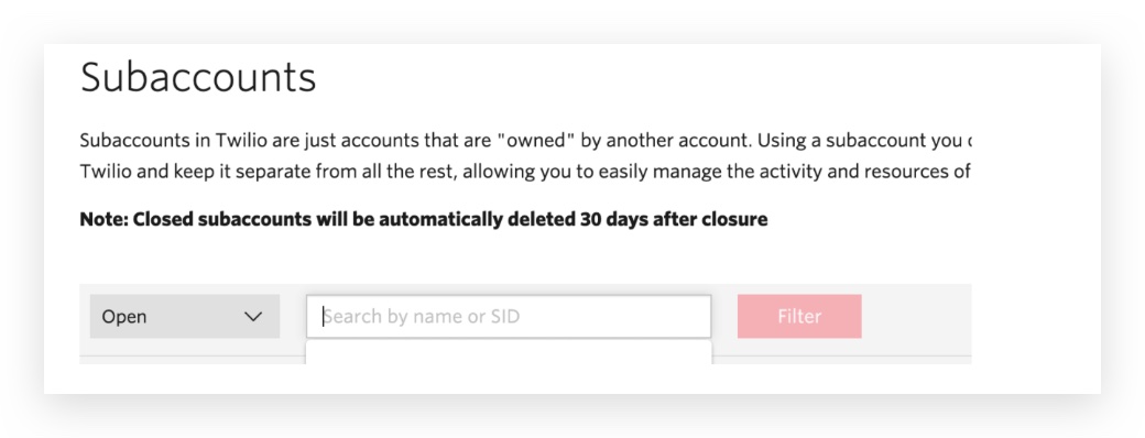 Screenshot within the Twilio Console showing the search bar where a GoHighLevel Account SID is pasted to find the corresponding Twilio subaccount, with the search result highlighted.