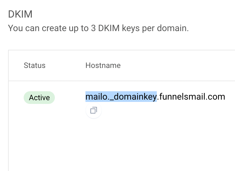 Mailgun DNS record display showing a DKIM host name for a main domain, with the relevant part highlighted for copying.