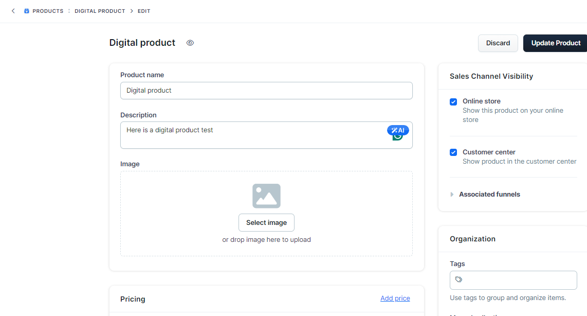 Screenshot of the HighLevel Products interface, showing a list of products with their prices, types, and actions like edit or delete.