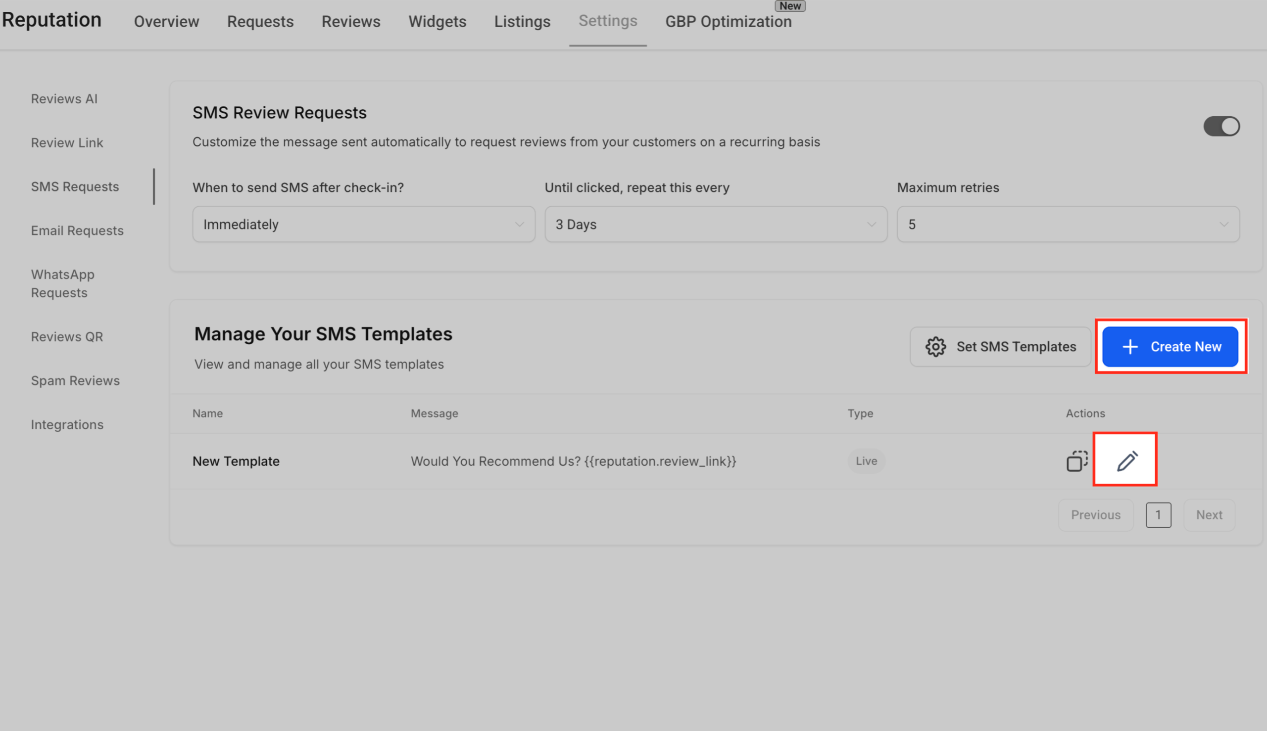 SMS Template List Screenshot of GoHighLevel SMS Template list with 'Create New' button and options to edit existing templates.