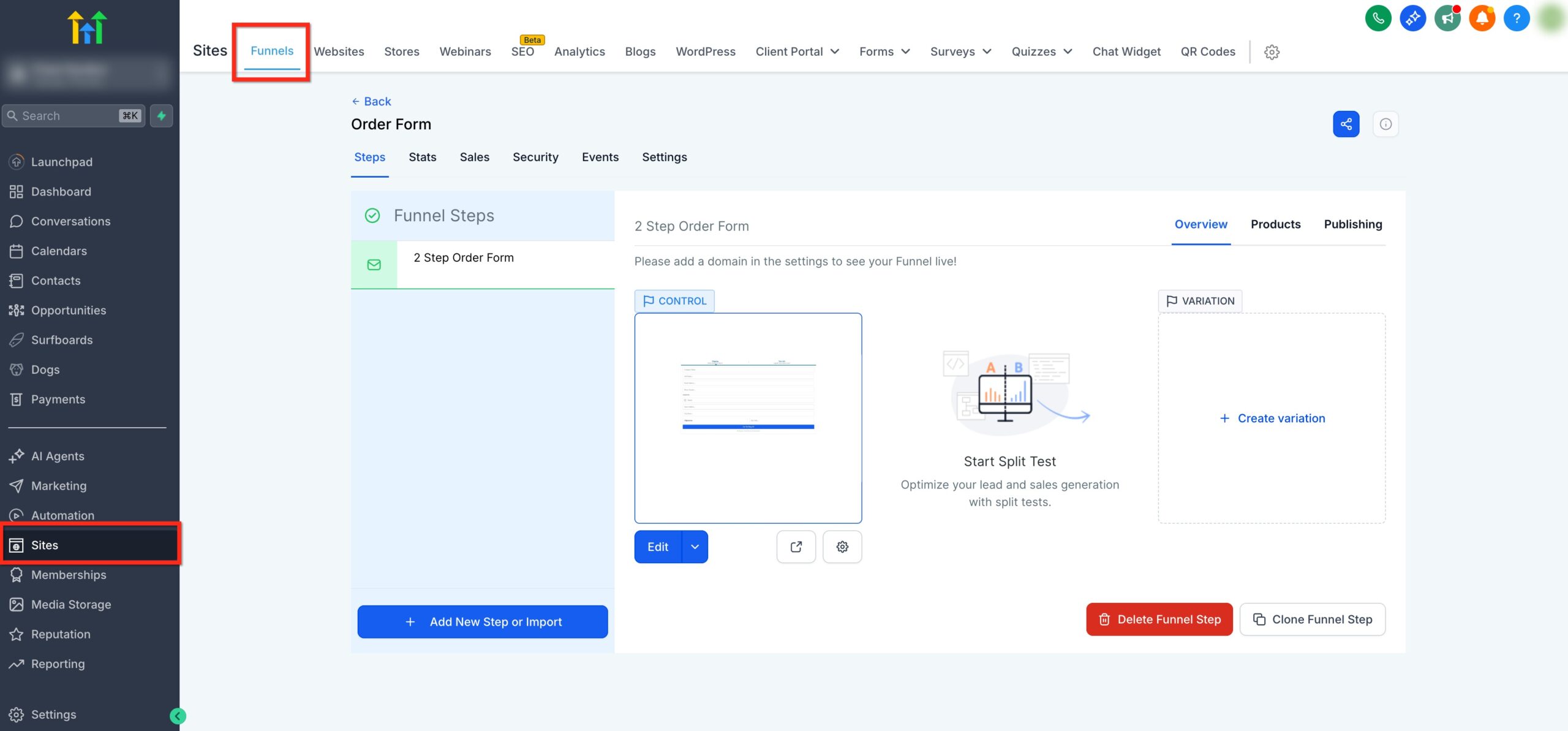 Screenshot showing how to navigate to a funnel step within GoHighLevel by selecting 'Sites' and then opening a specific funnel.