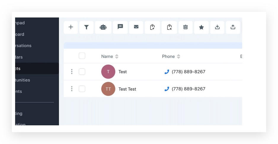 Screenshot of the GoHighLevel Contacts list, showing a selected contact ready to be opened.