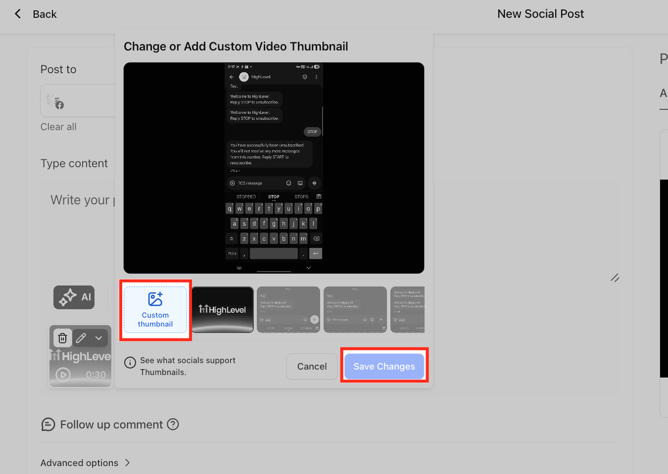 Custom thumbnail upload section, indicating supported platforms for video thumbnails.