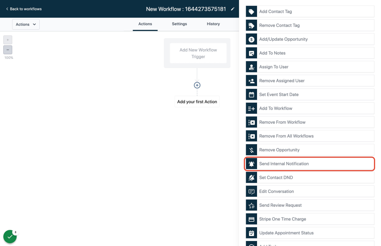 Detailed view of the 'Send Internal Notification' action in GoHighLevel workflow, confirming its selection.