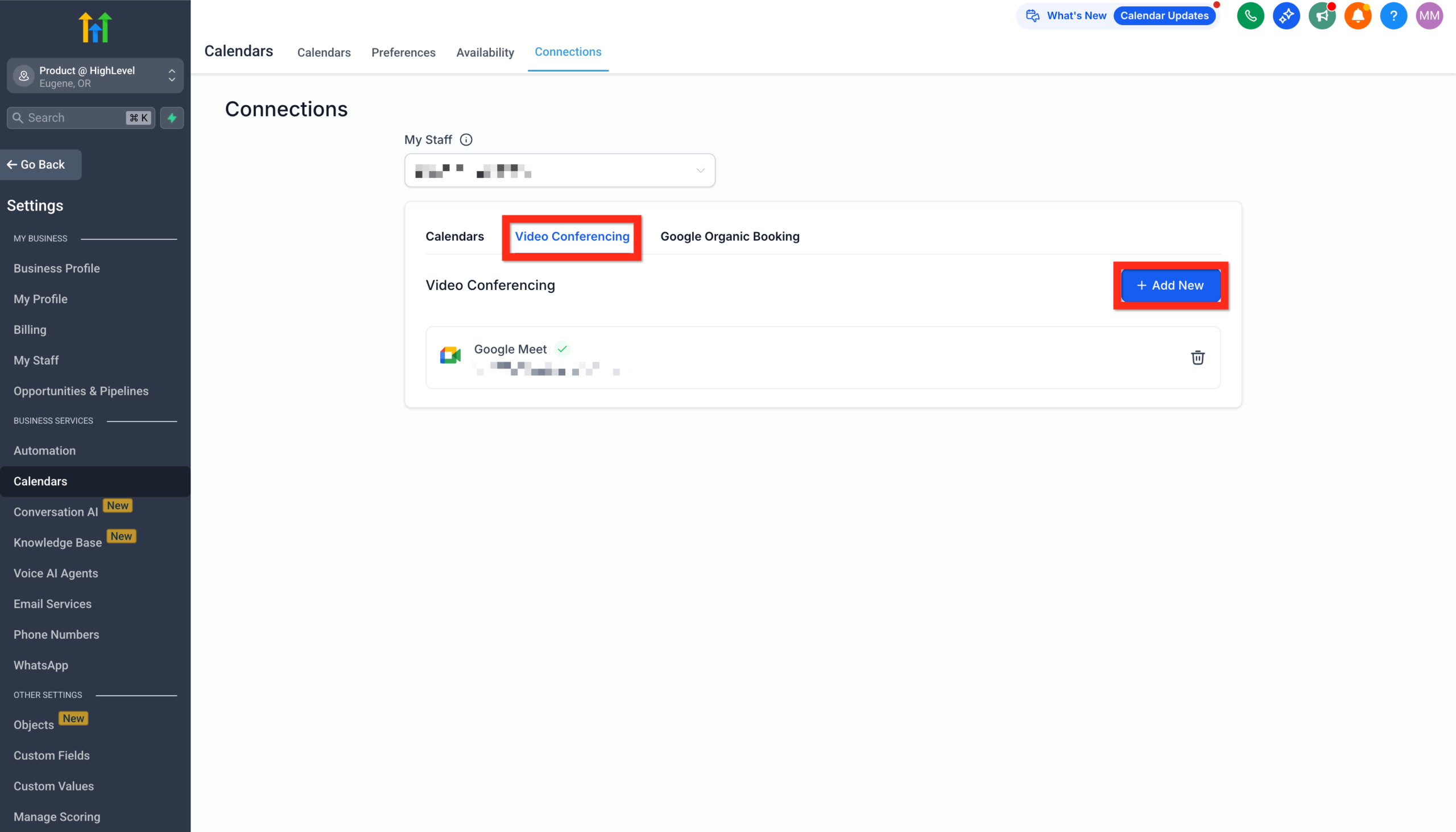 Screenshot of the HighLevel Calendar Settings 'Video Conferencing' tab, with the 'Add New' button highlighted to integrate tools like Zoom or Google Meet.
