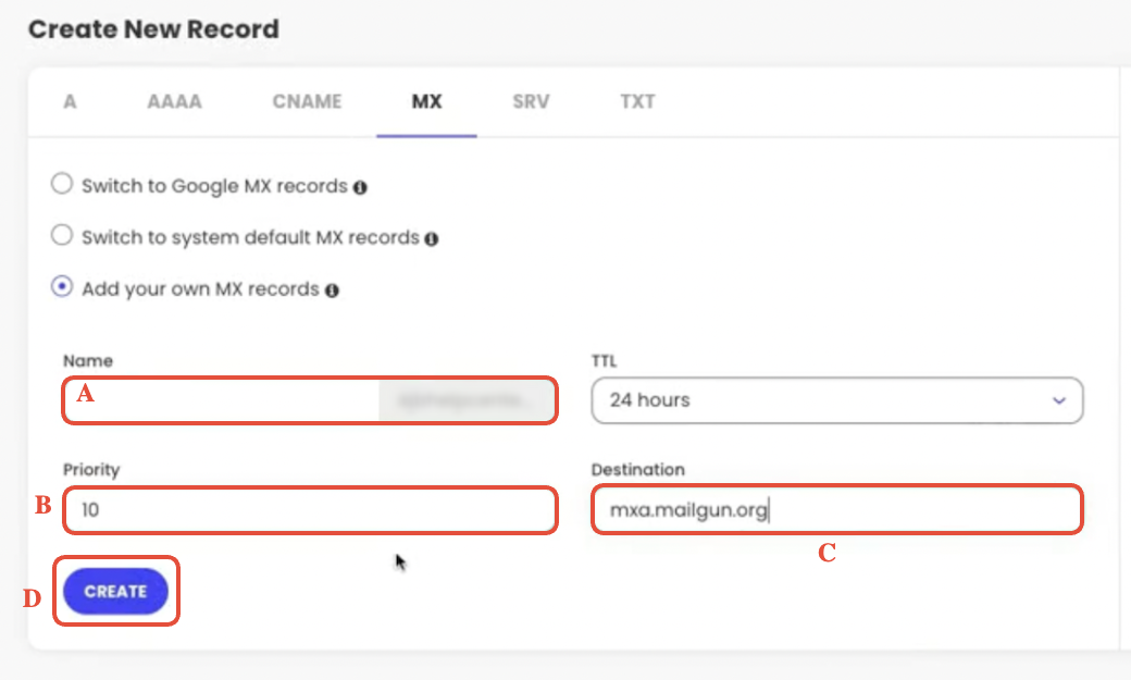 SiteGround DNS Zone Editor interface for adding MX records, emphasizing the host name and destination fields.