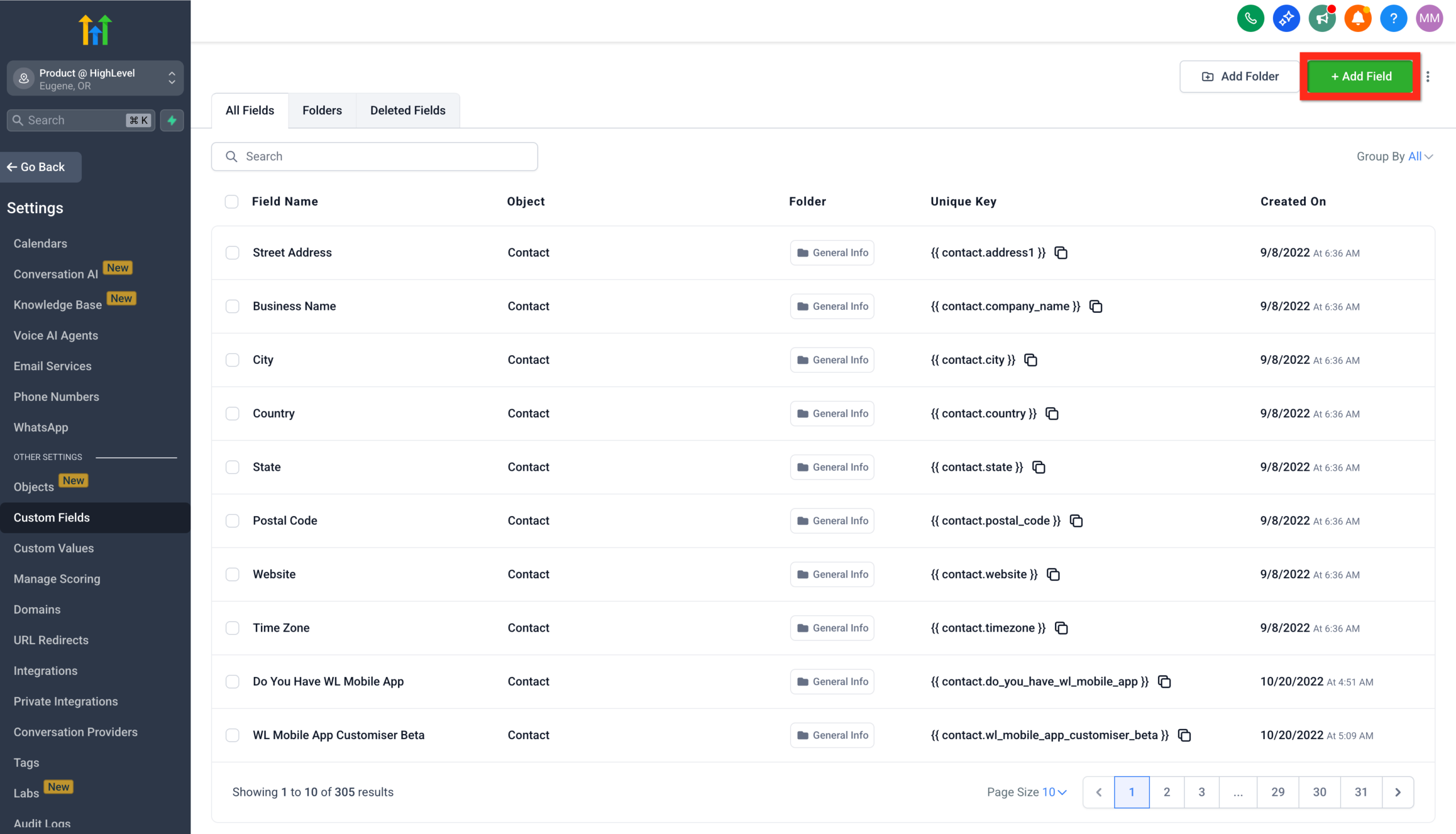 Screenshot showing the 'Add Field' button in <a href=