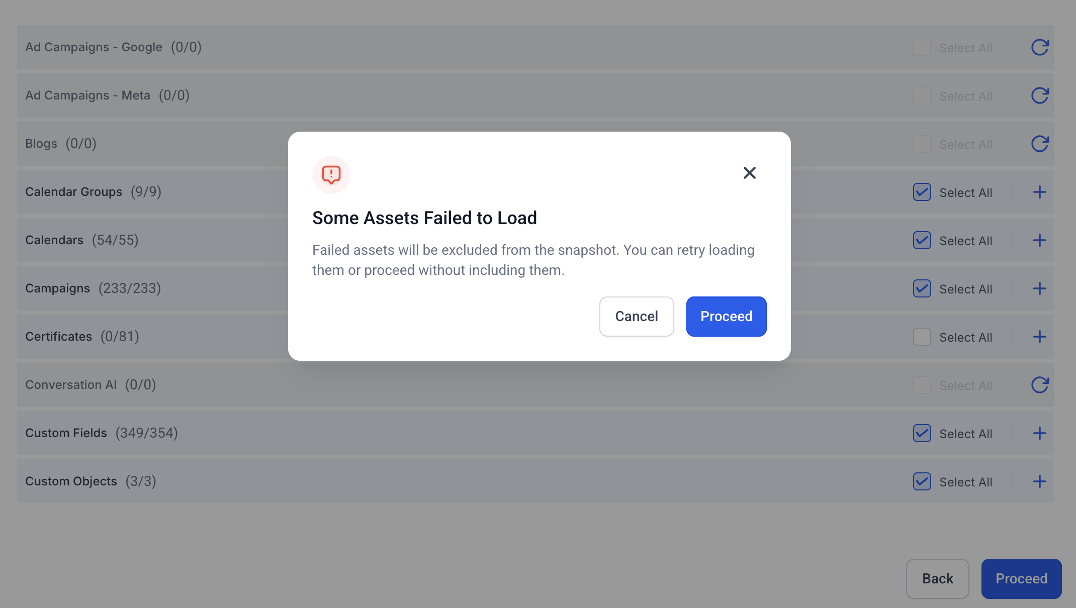 Screenshot showing the GoHighLevel Account Snapshots dashboard with a list of snapshots and the refresh icon highlighted, indicating a successful refresh or update option.