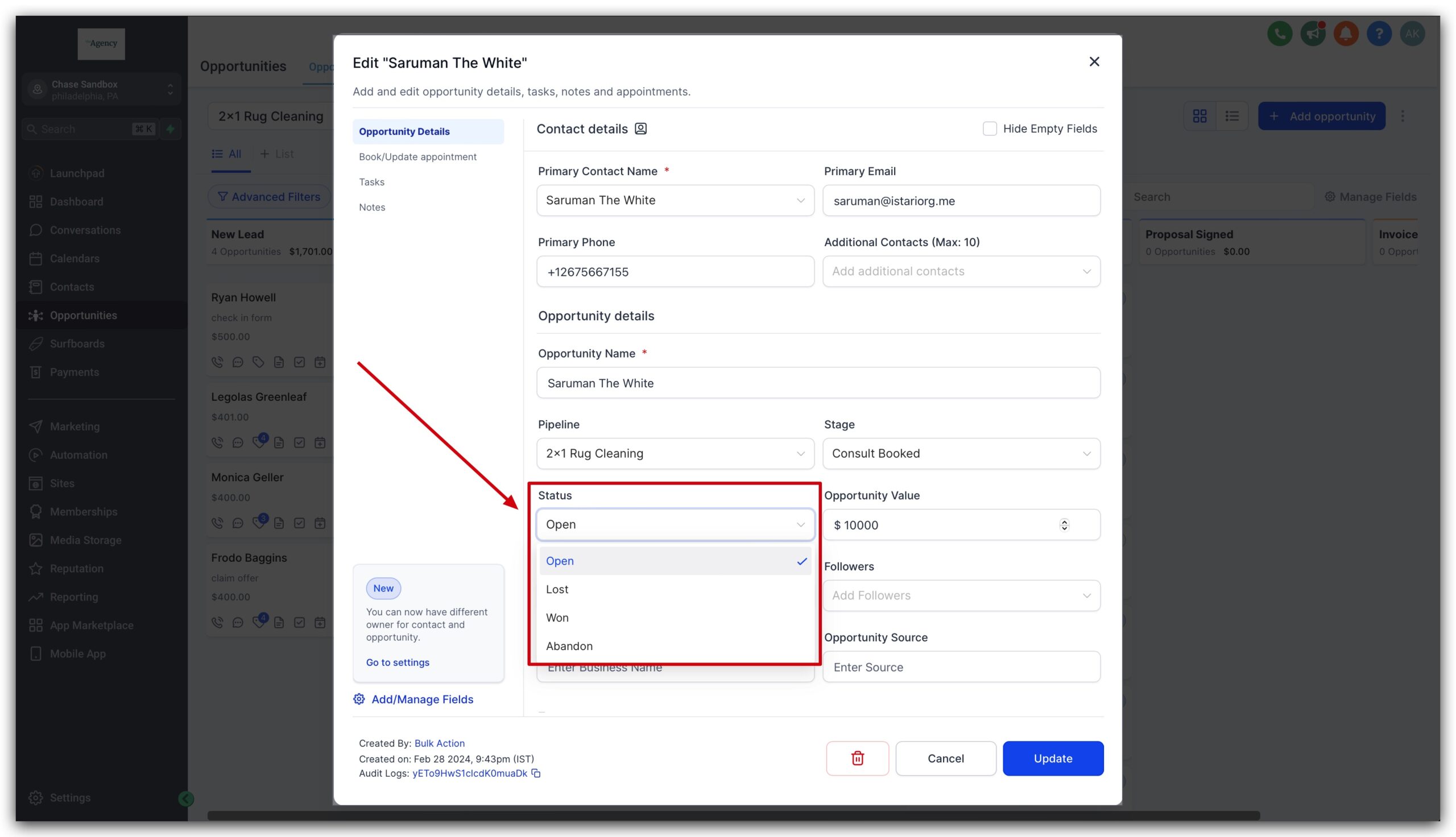 Editing Opportunity Status Select new status from dropdown in GoHighLevel opportunity details