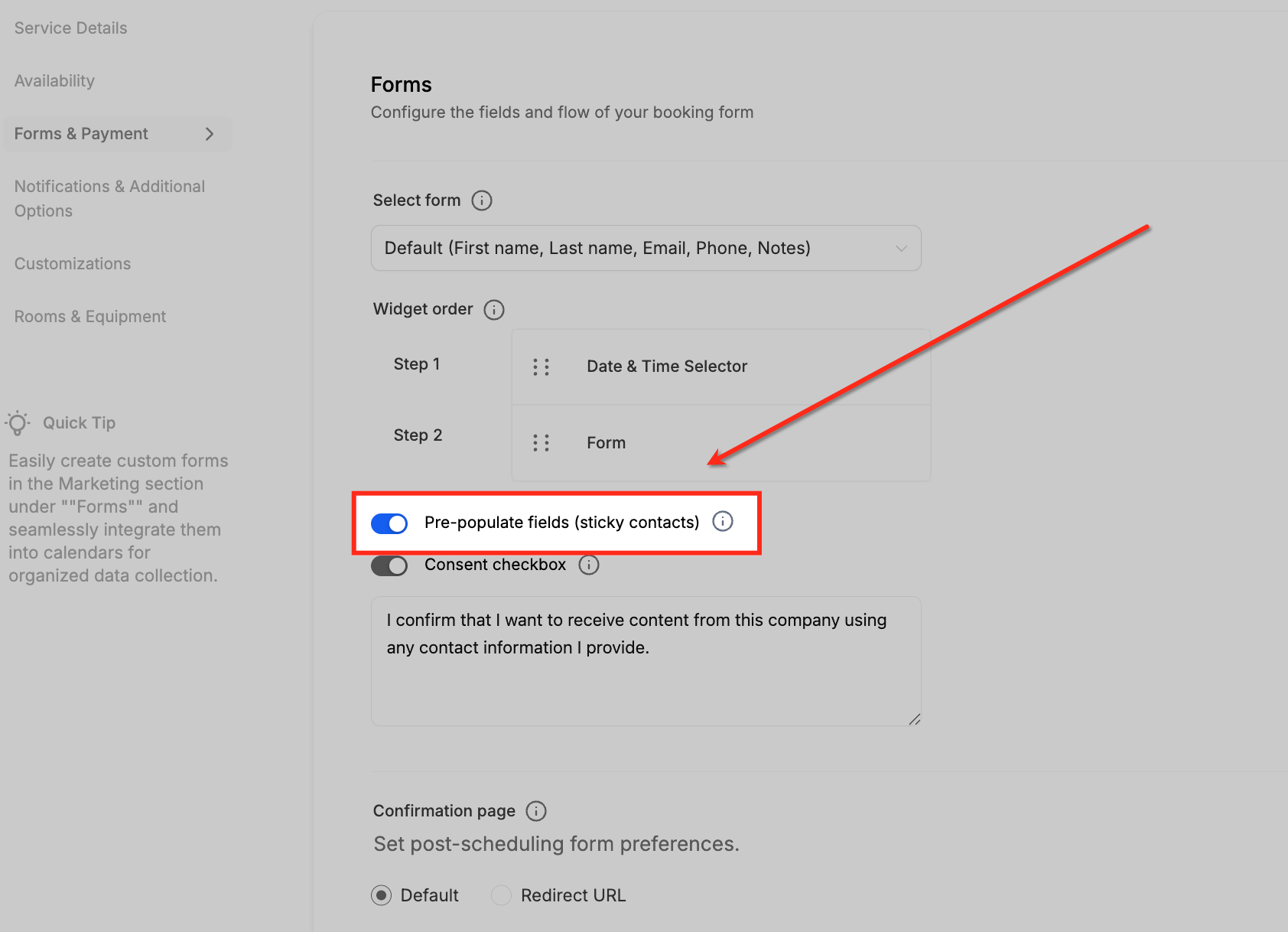 GoHighLevel Calendar Forms & Payments section with the Sticky Contact toggle enabled