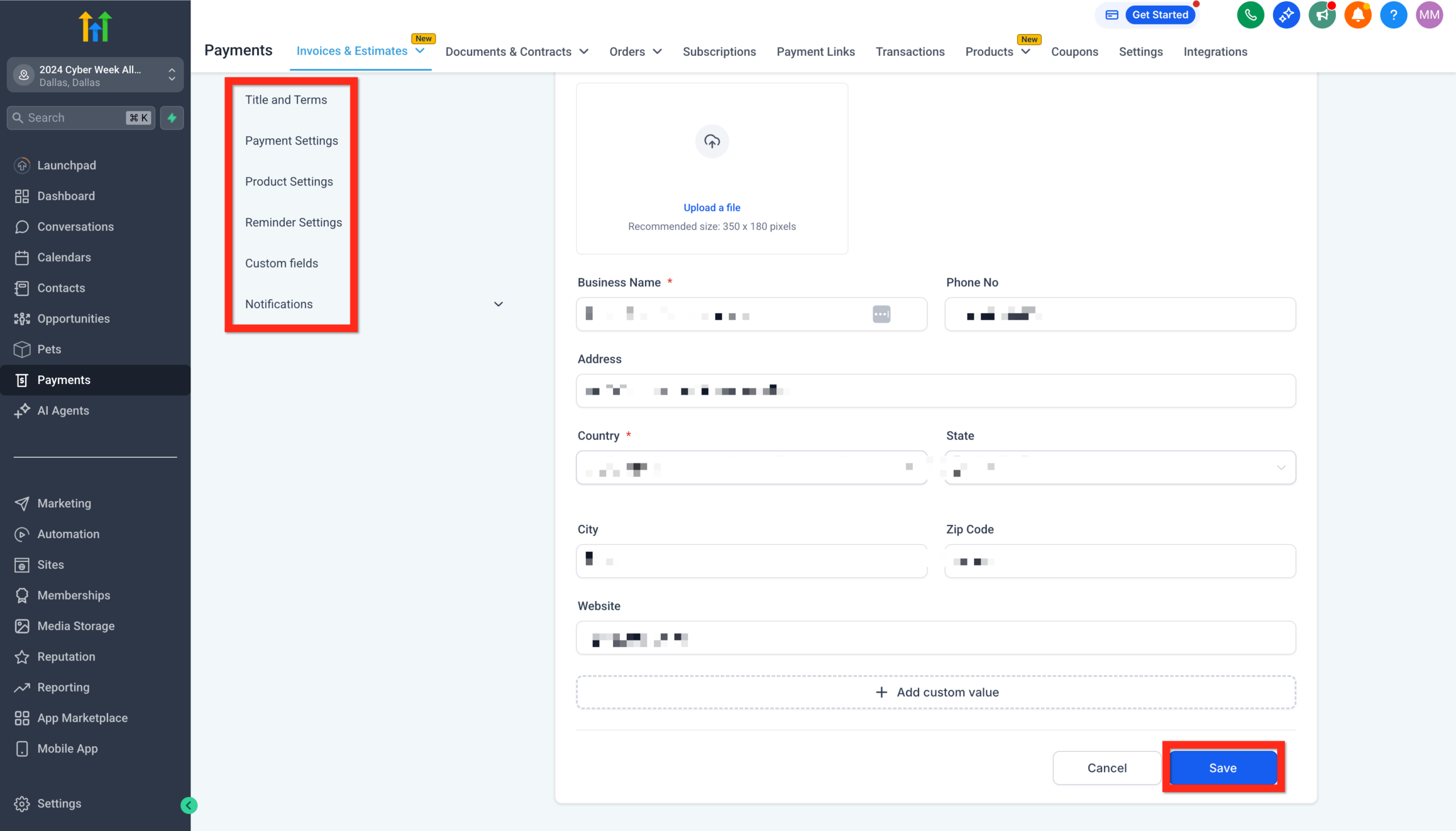 GoHighLevel General Invoice Settings Screenshot of GoHighLevel's general invoice settings page, displaying options for logo, company details, payment terms, and the 'Save' button.