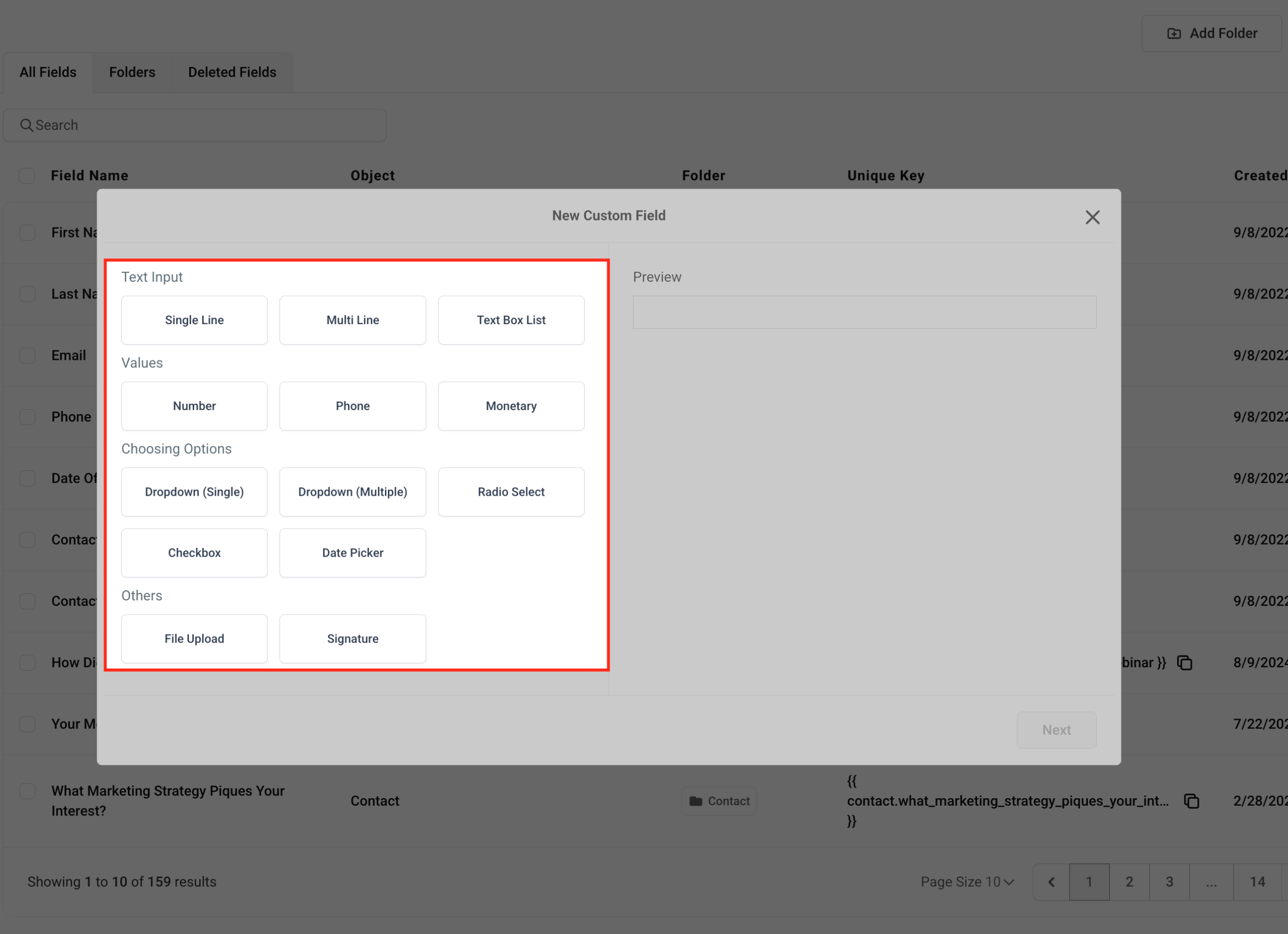 Screenshot showing the selection of a custom field type