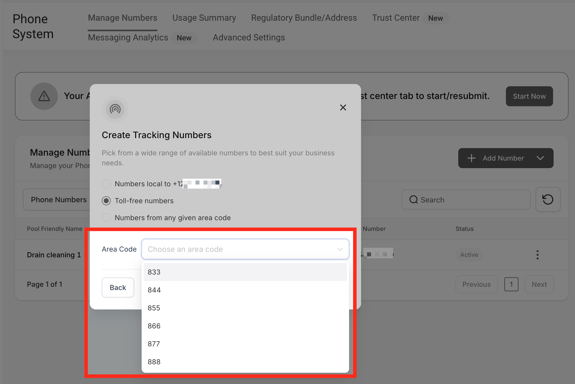 Toll-Free Area Code Dropdown Dropdown menu to select area code for available toll-free numbers