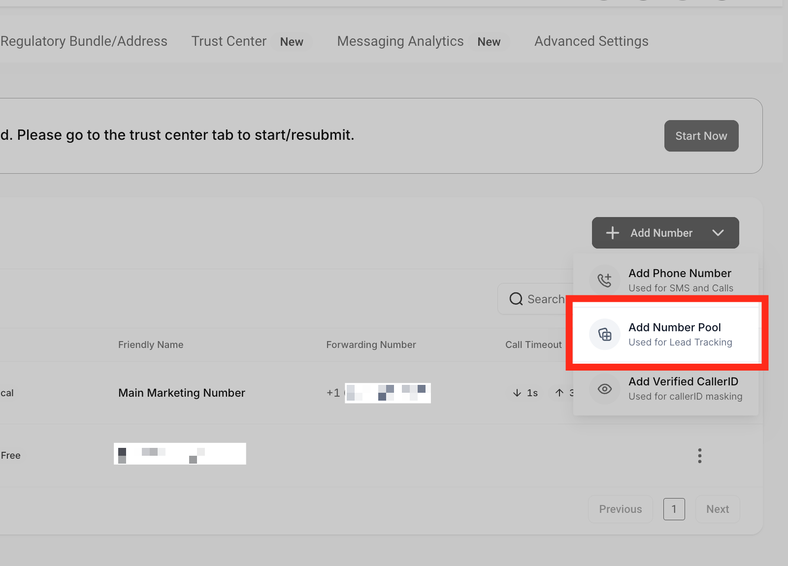 Add Number Pool Option Add Number dropdown menu showing the 'Add Number Pool' option