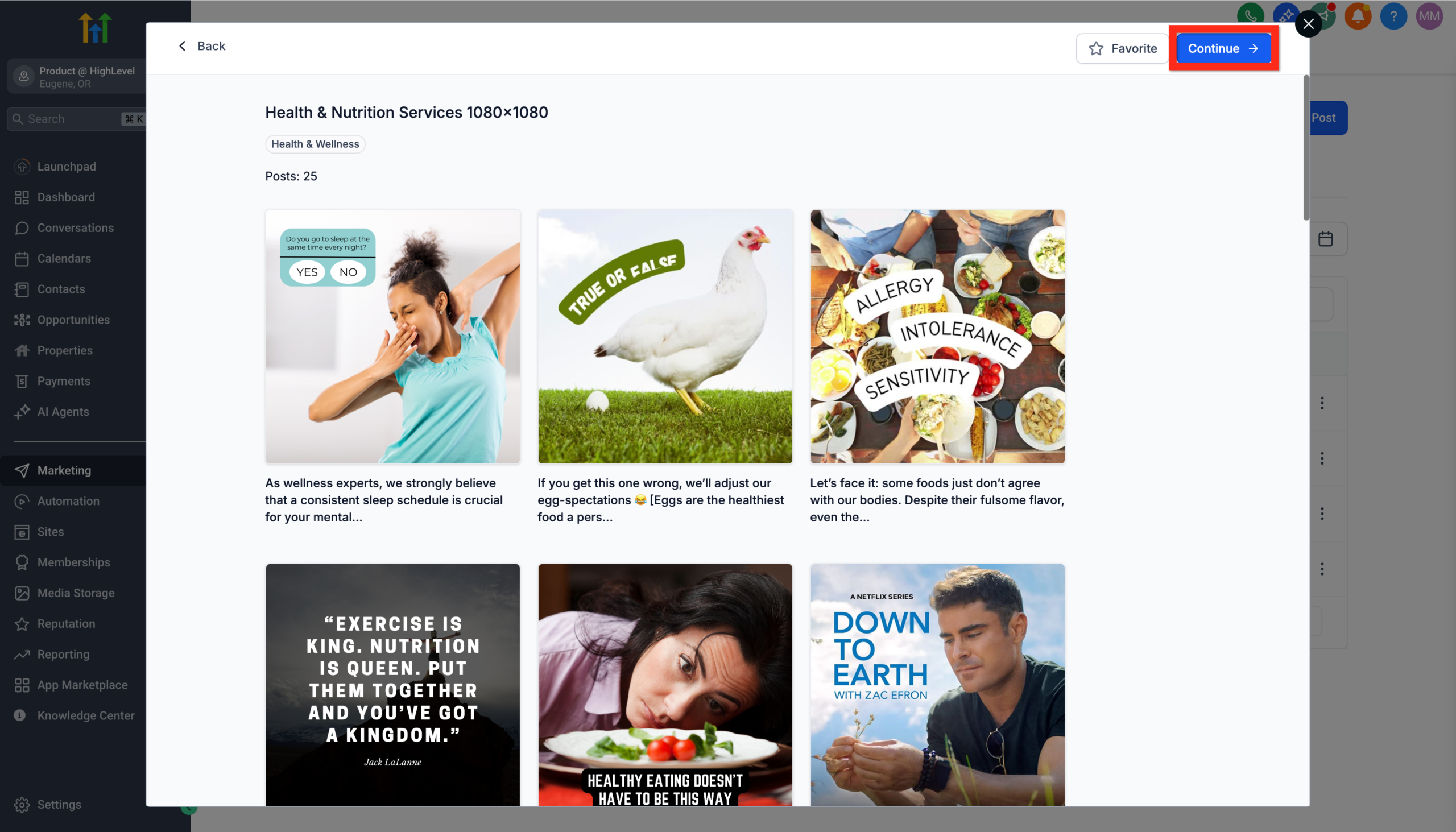 Previewing a selected social media template before proceeding to customization.