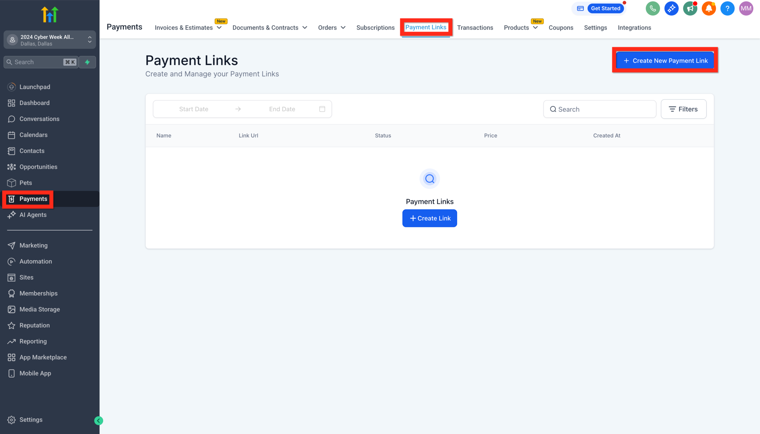 Screenshot showing the 'Create New Payment Link' button highlighted within the GoHighLevel Payments > Payment Links interface.