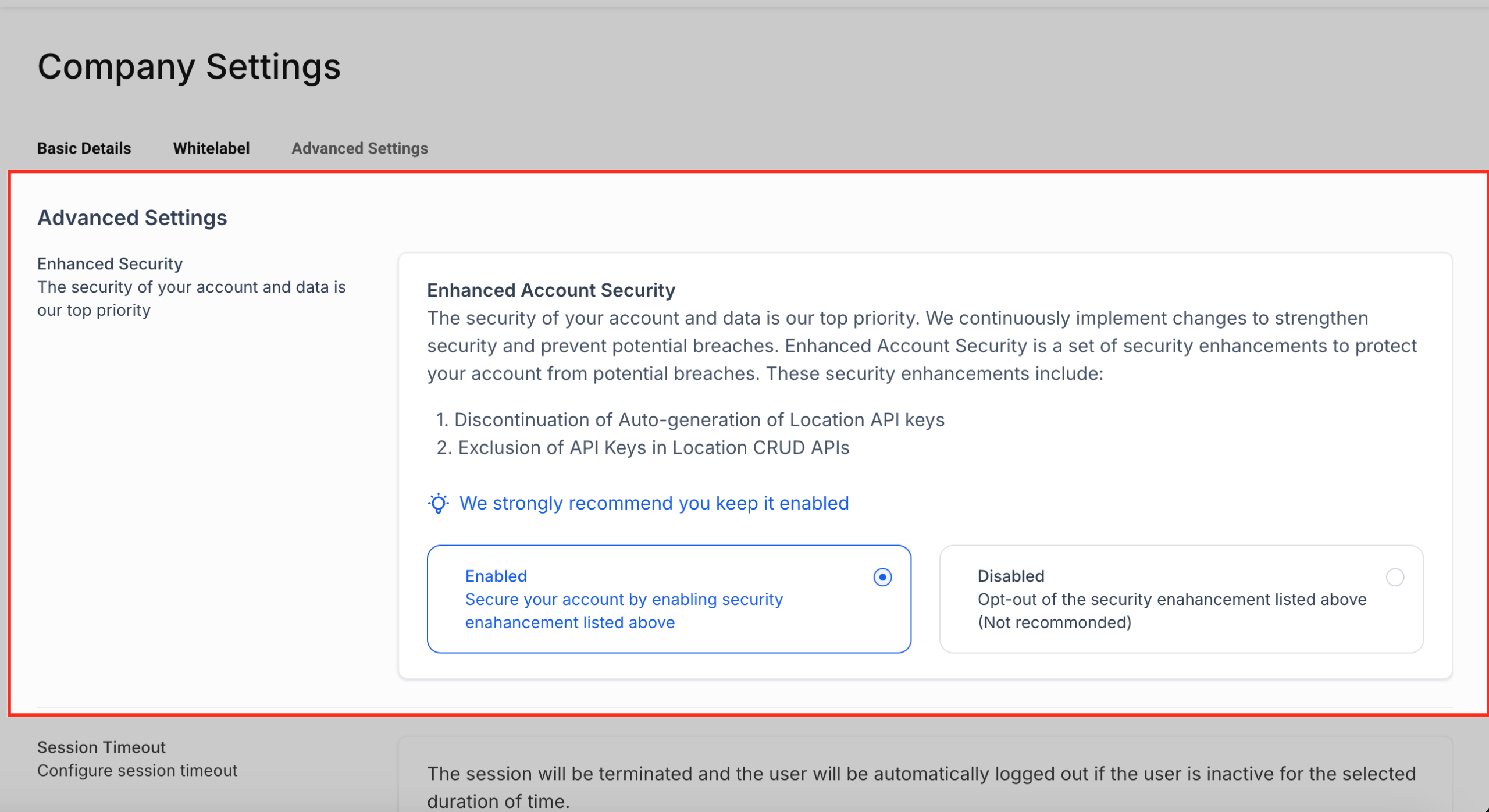 GoHighLevel Enhanced Account Security Screenshot of the Enhanced Account Security toggle within GoHighLevel Advanced Settings, with a description of its effects on API key generation and access.