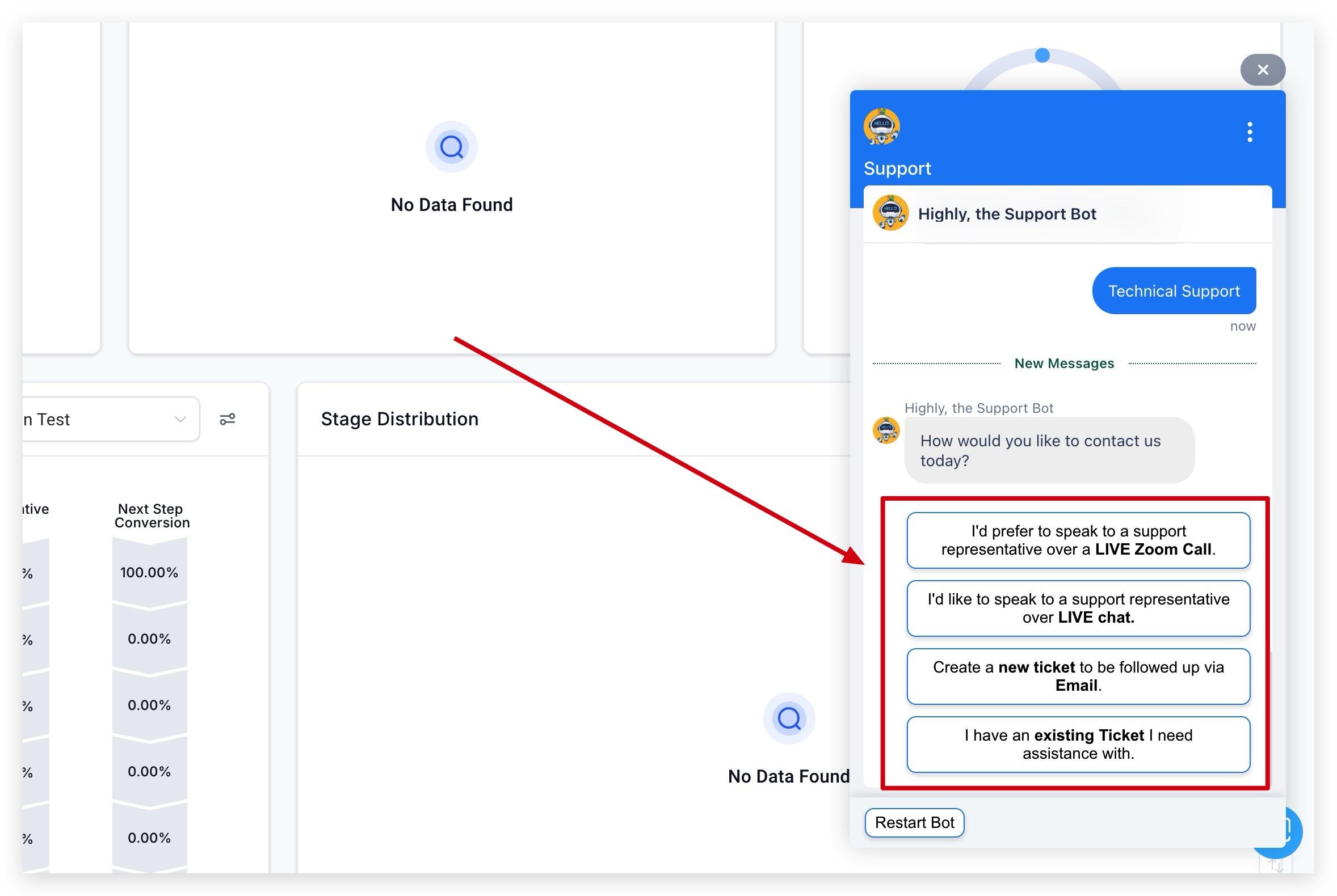 GoHighLevel Support Options Screenshot of the GoHighLevel support menu displaying options for Live Chat, Zoom Support Call, Support Ticket, and Help Center.